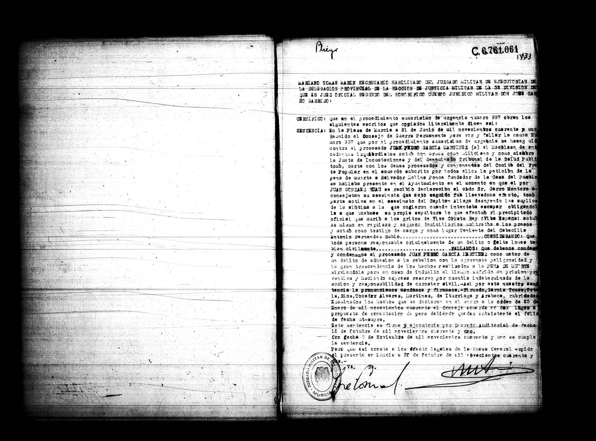 Certificado de la sentencia pronunciada contra Juan Pedro García Martínez, causa 997, el 21 de junio de 1941 en Murcia.