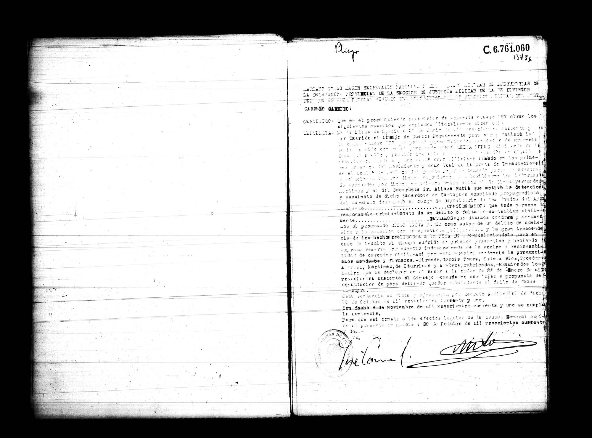 Certificado de la sentencia pronunciada contra Diego Leiva López, causa 997, el 21 de junio de 1941 en Murcia.