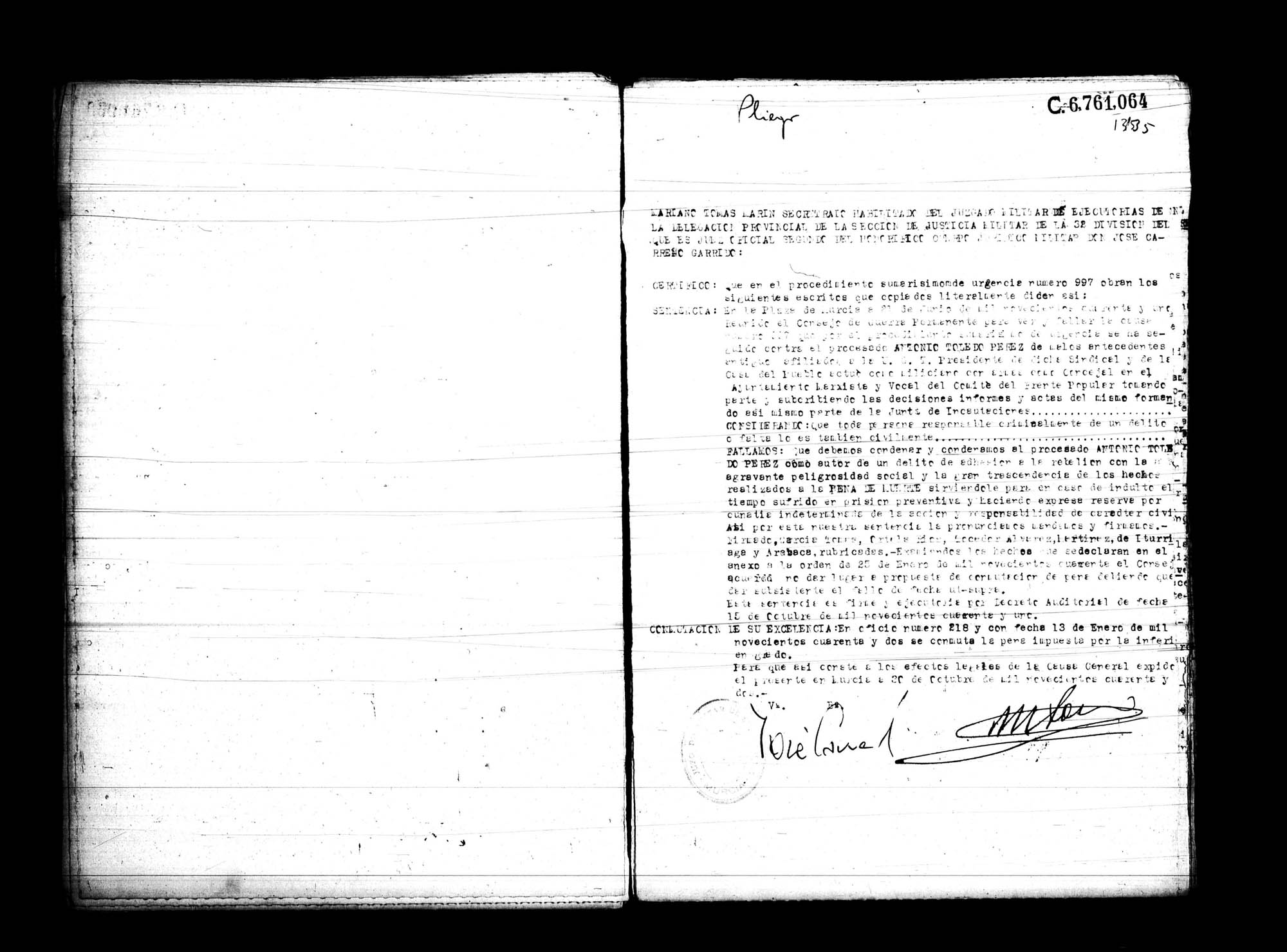 Certificado de la sentencia pronunciada contra Antonio Toledo Pérez, causa 997, el 21 de junio de 1941 en Murcia.