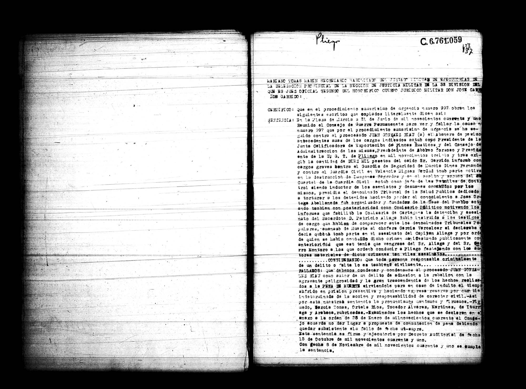 Certificado de la sentencia pronunciada contra Juan González Riau, causa 997, el 21 de junio de 1941 en Murcia.