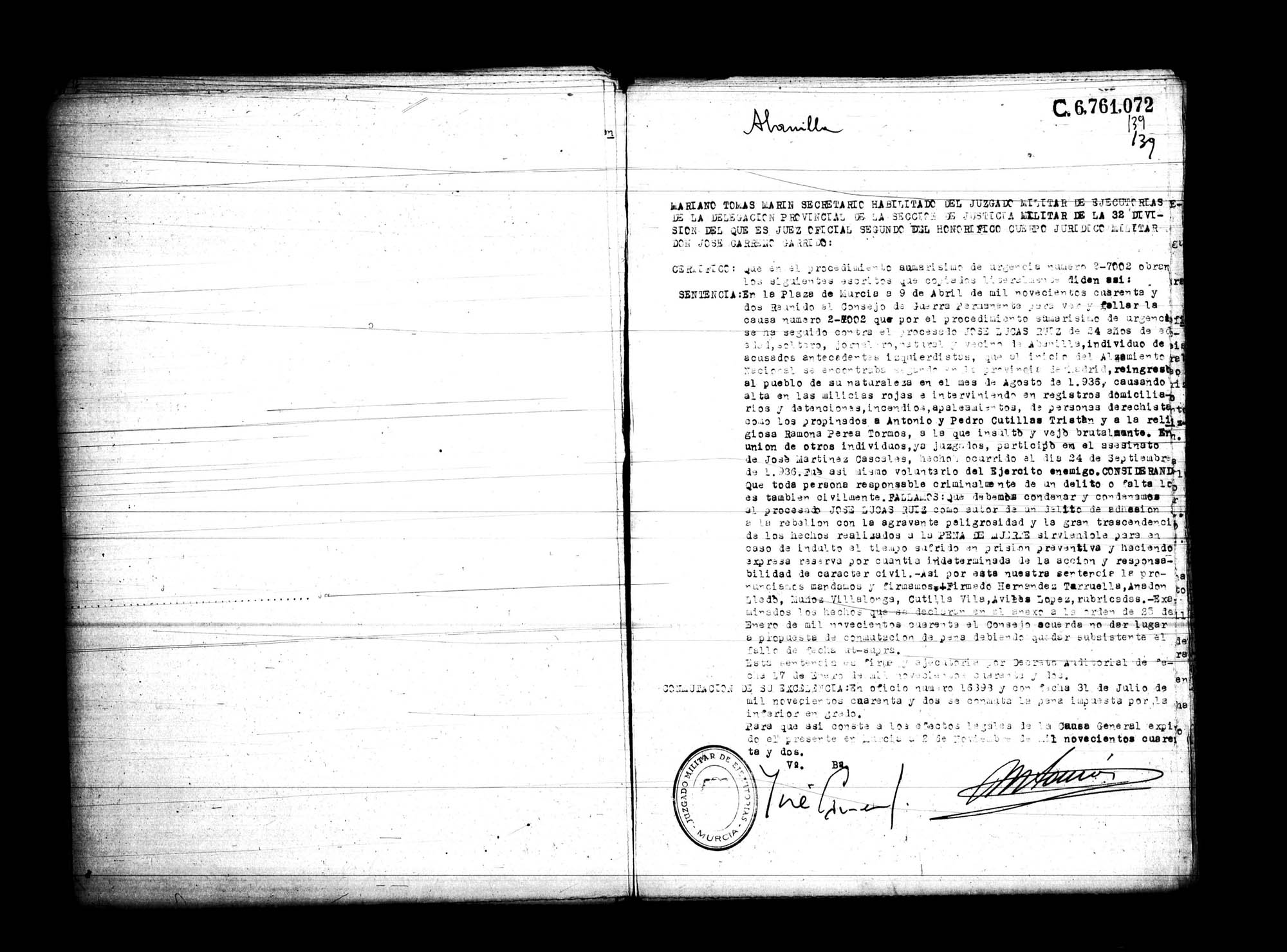 Certificado de la sentencia pronunciada contra José Lucas Ruiz, causa 2-7002, el 9 de abril de 1942 en Murcia.