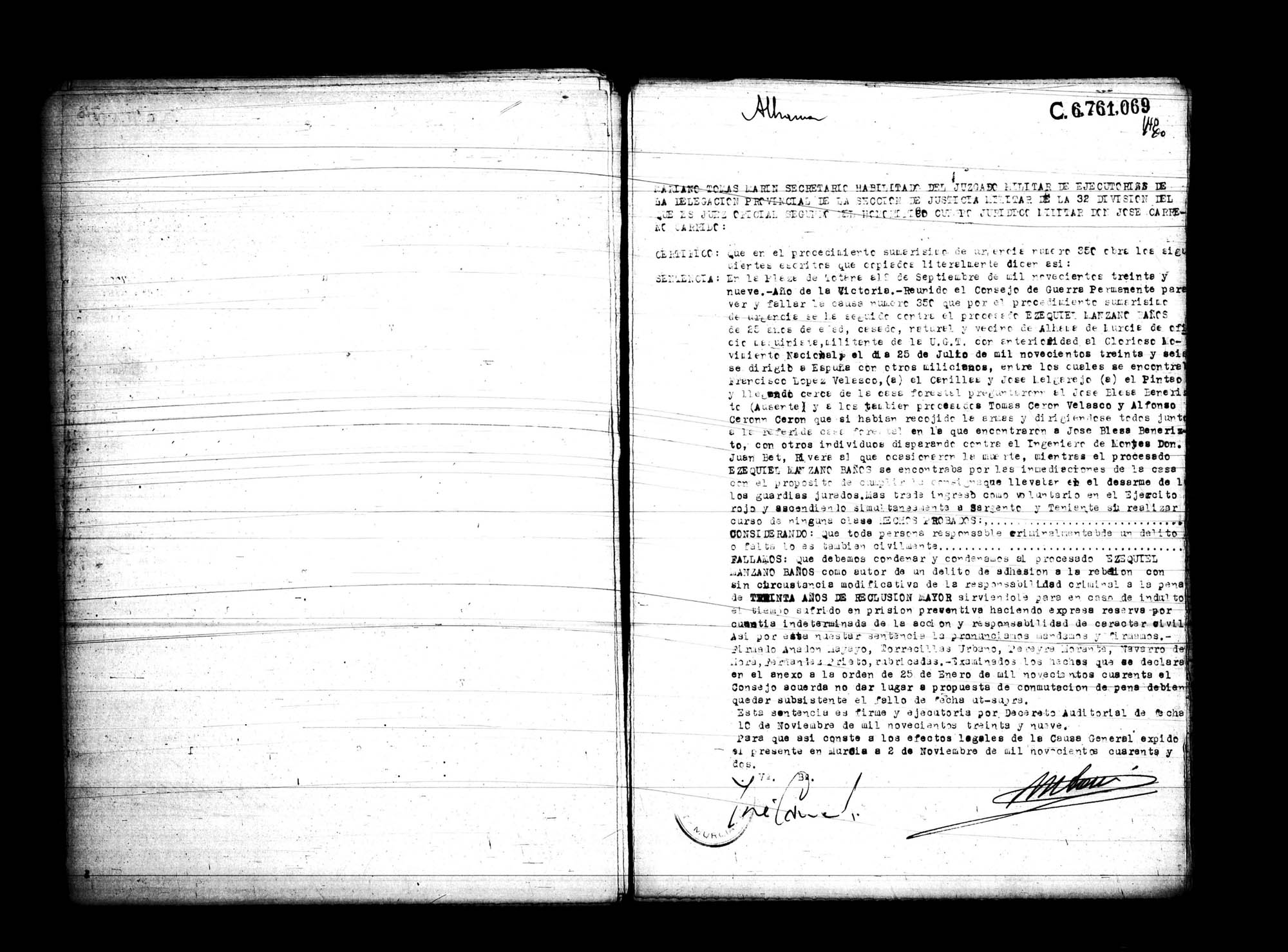 Certificado de la sentencia pronunciada contra Ezequiel Manzano Baños, causa 350, el 8 de septiembre de 1939 en Totana.