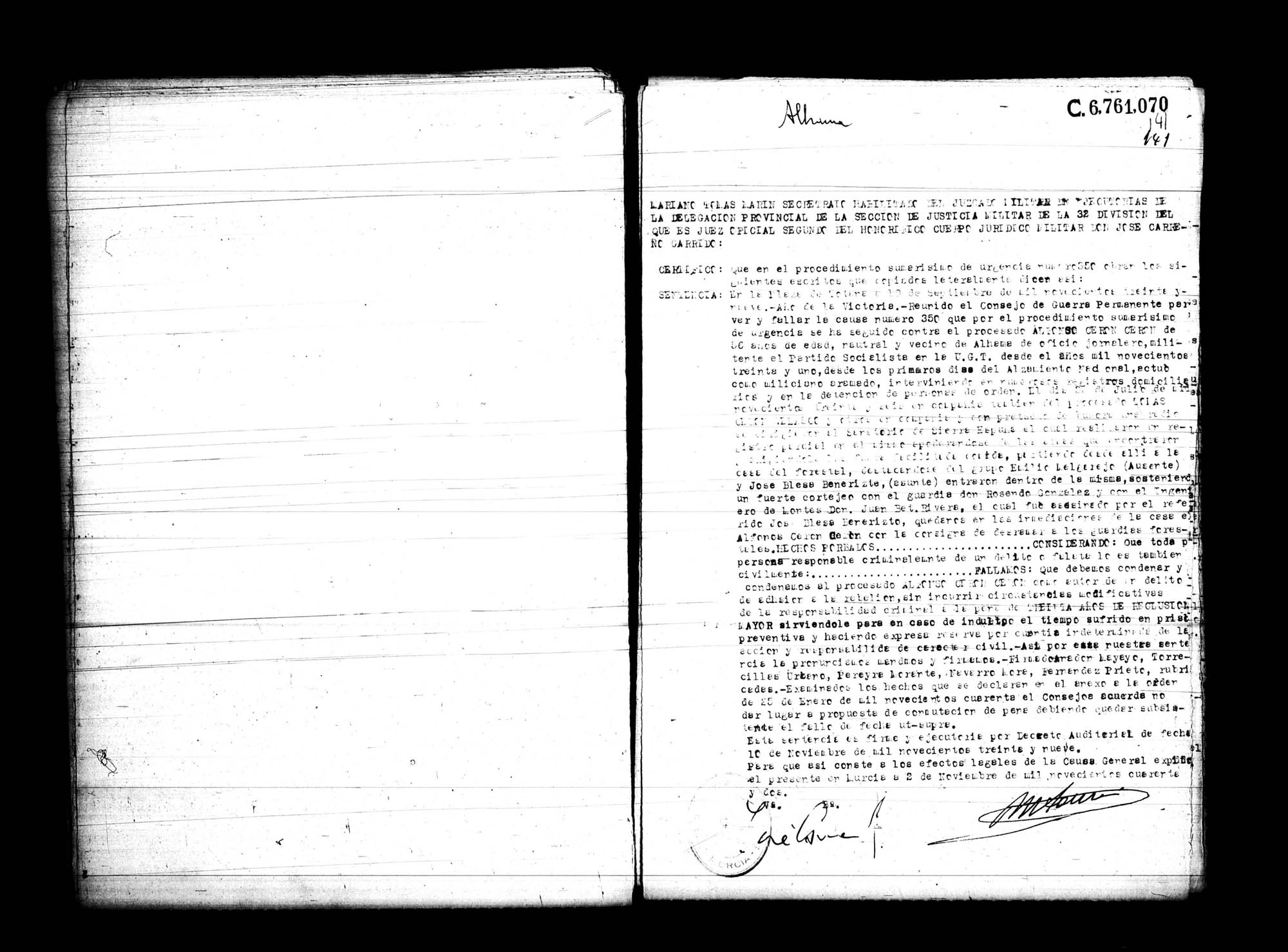 Certificado de la sentencia pronunciada contra Alfonso Cerón Cerón, causa 350, el 18 de septiembre de 1939 en Totana.