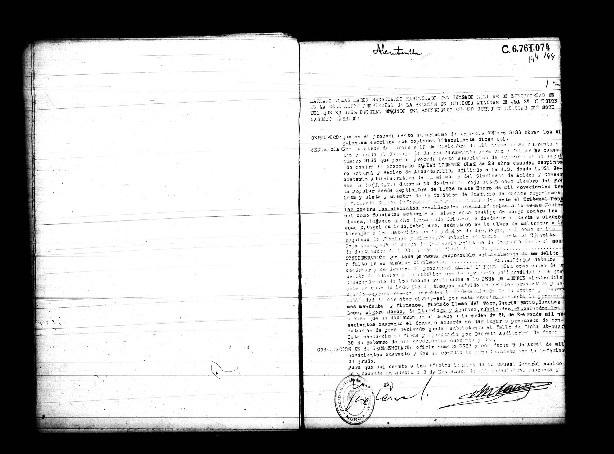 Certificado de la sentencia pronunciada contra Damián Lorente Díaz, causa 3133, el 10 de noviembre de 1941 en Murcia.