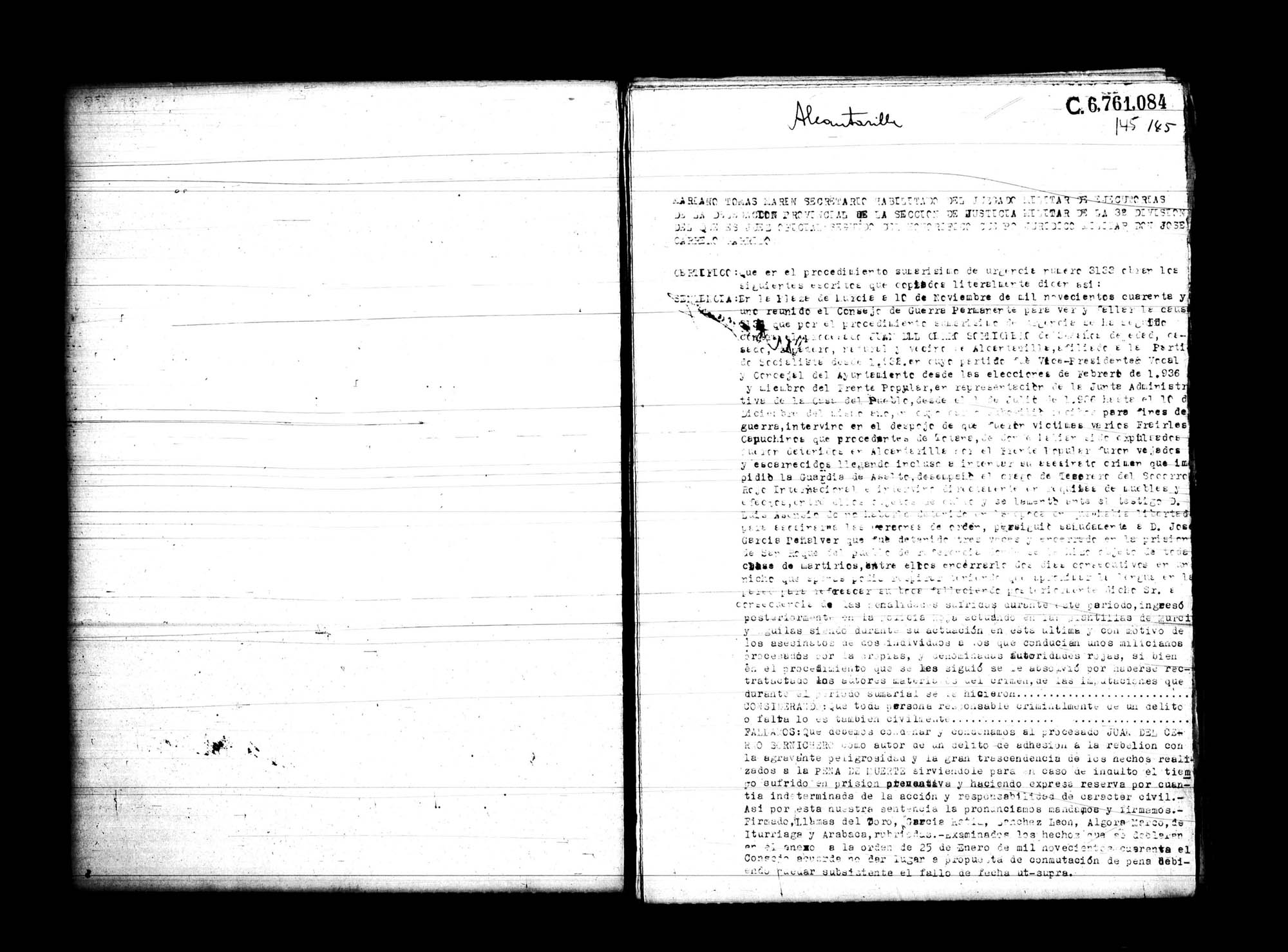 Certificado de la sentencia pronunciada contra Juan del Cerro Sornichero, causa 3133, el 10 de noviembre de 1941 en Murcia.
