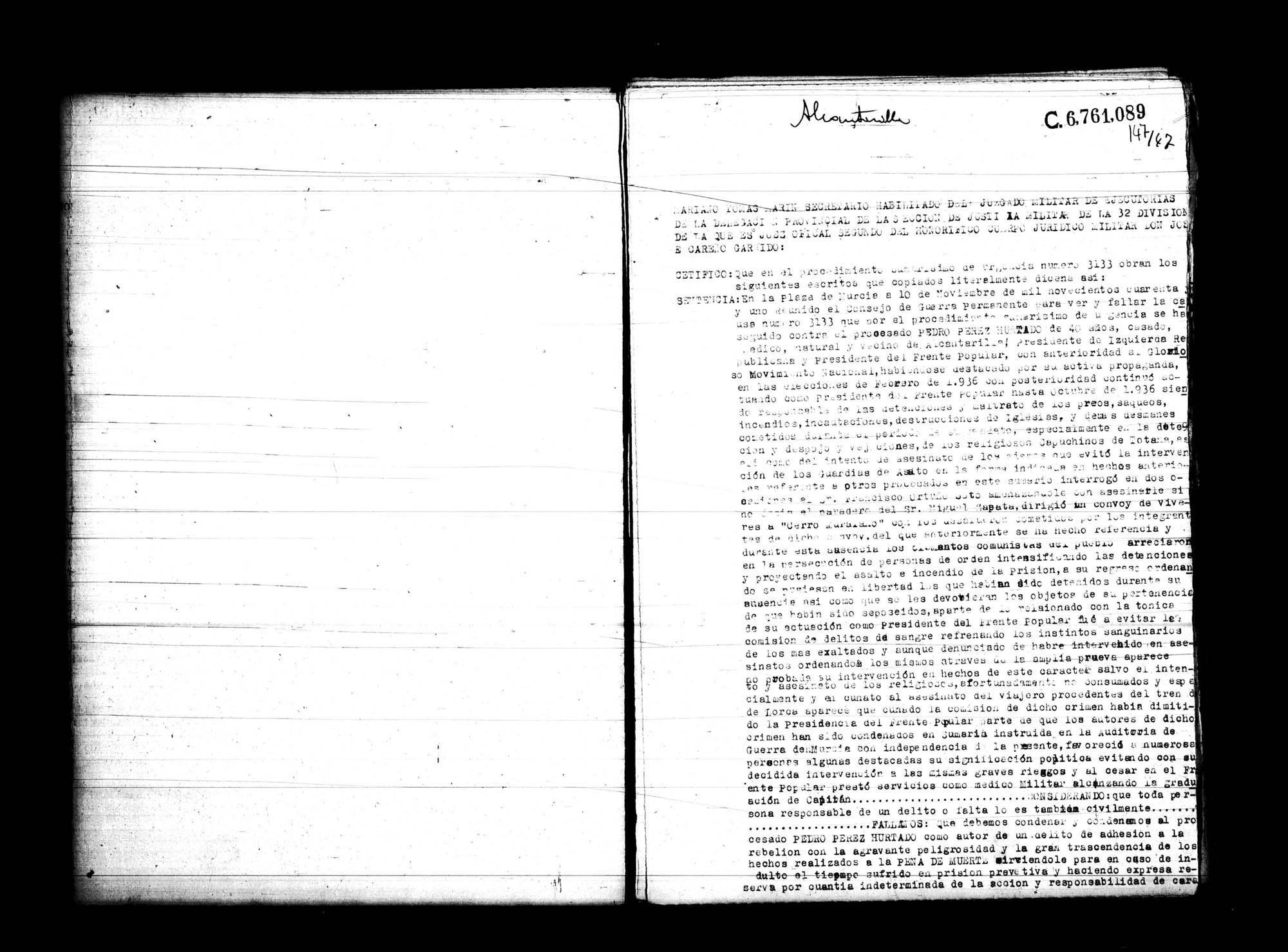 Certificado de la sentencia pronunciada contra Pedro Pérez Hurtado, causa 3133, el 10 de noviembre de 1941 en Murcia.