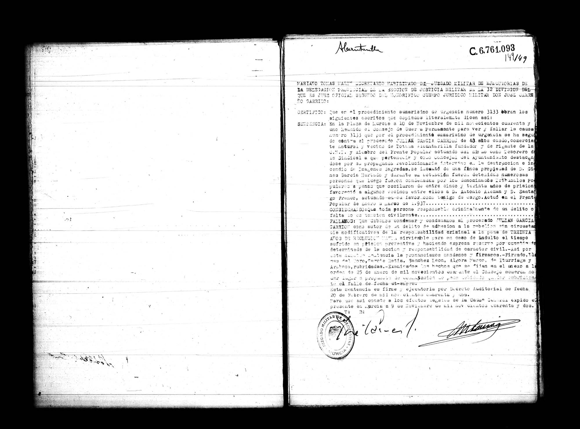 Certificado de la sentencia pronunciada contra Julián García Carrión, causa 3133, el 10 de noviembre de 1941 en Murcia.