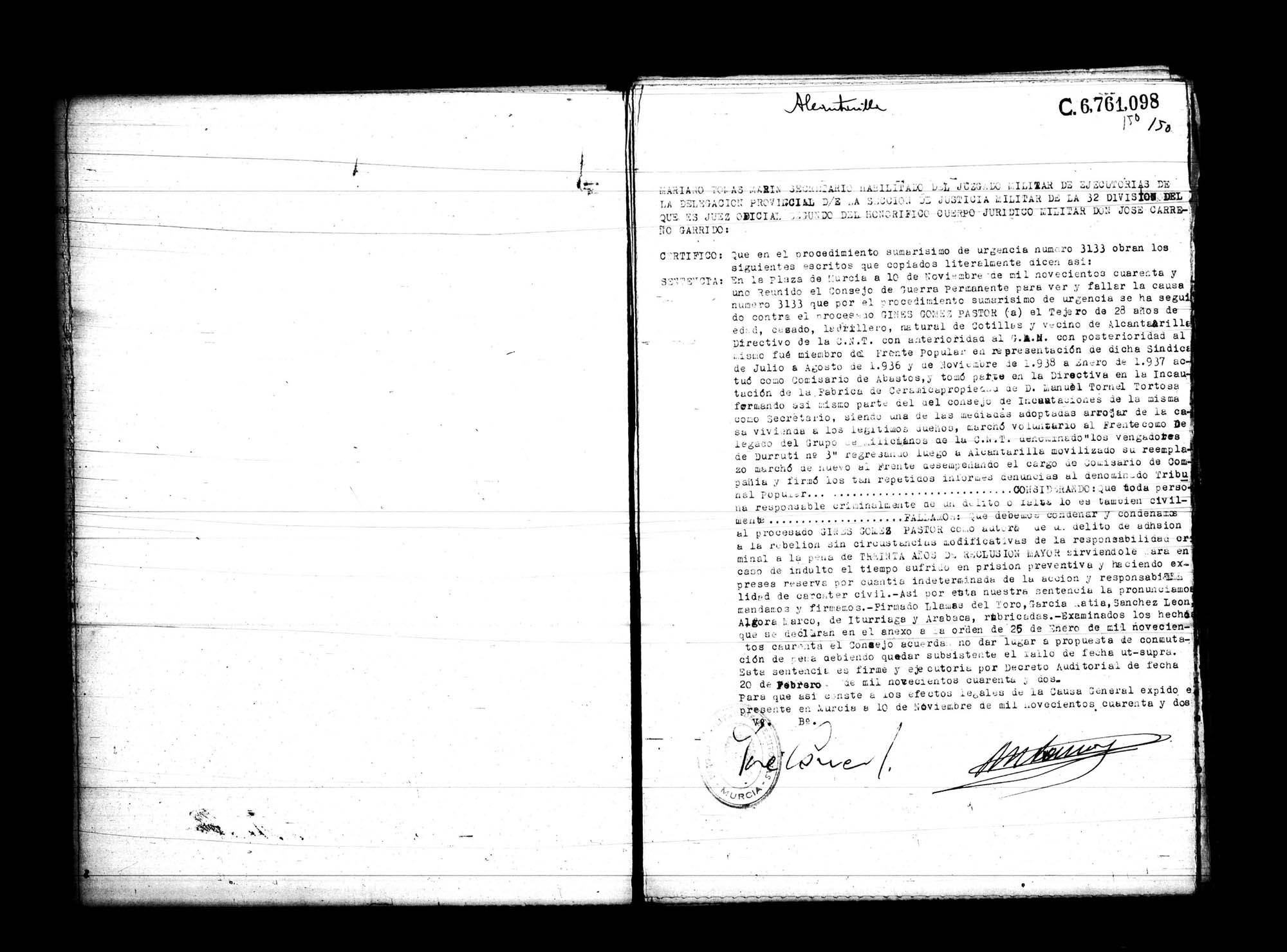 Certificado de la sentencia pronunciada contra Ginés Gómez Pastor, causa 3133, el 10 de noviembre de 1941 en Murcia.