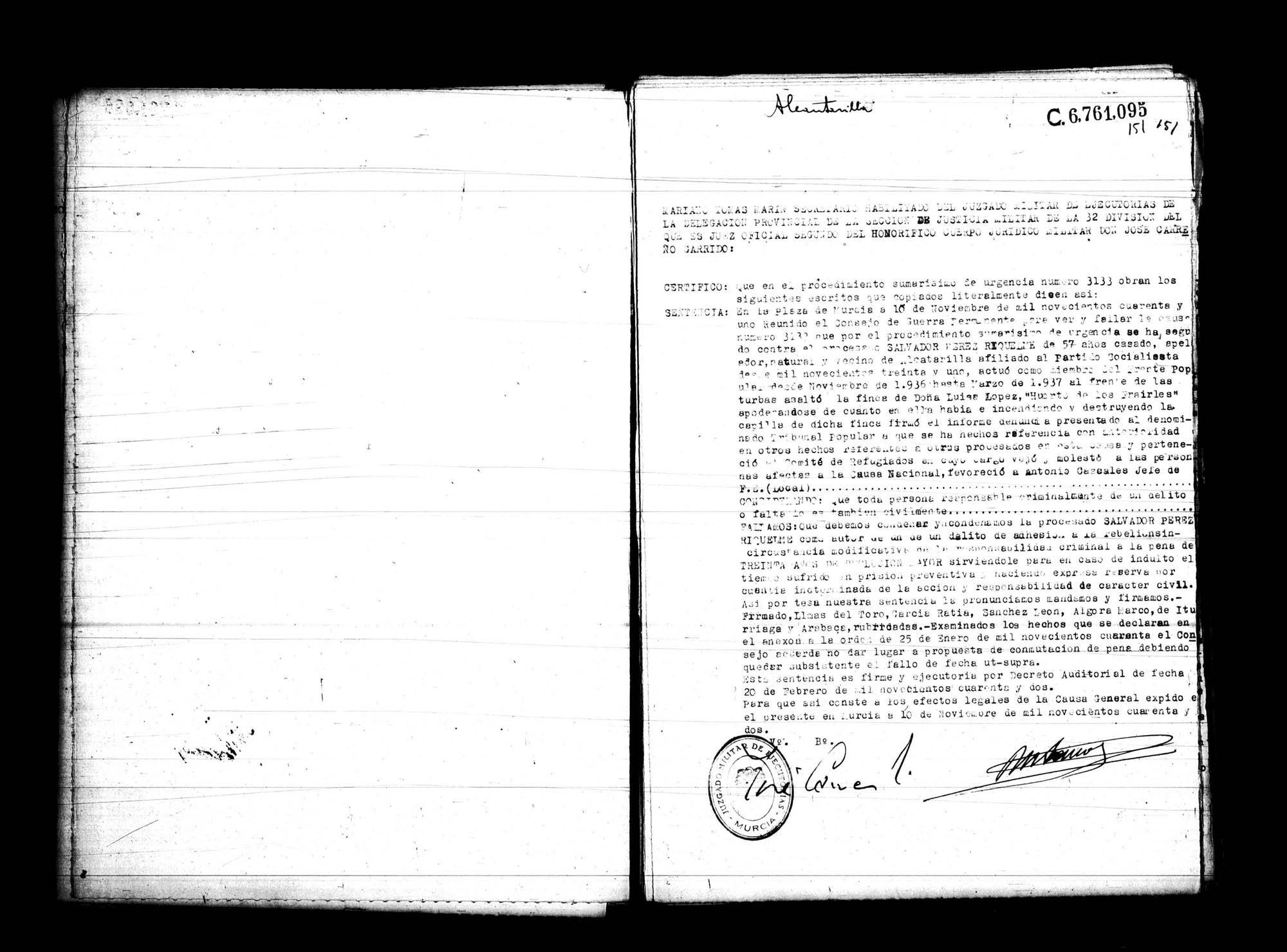 Certificado de la sentencia pronunciada contra Salvador Pérez Riquelme, causa 3133, el 10 de noviembre de 1941 en Murcia.