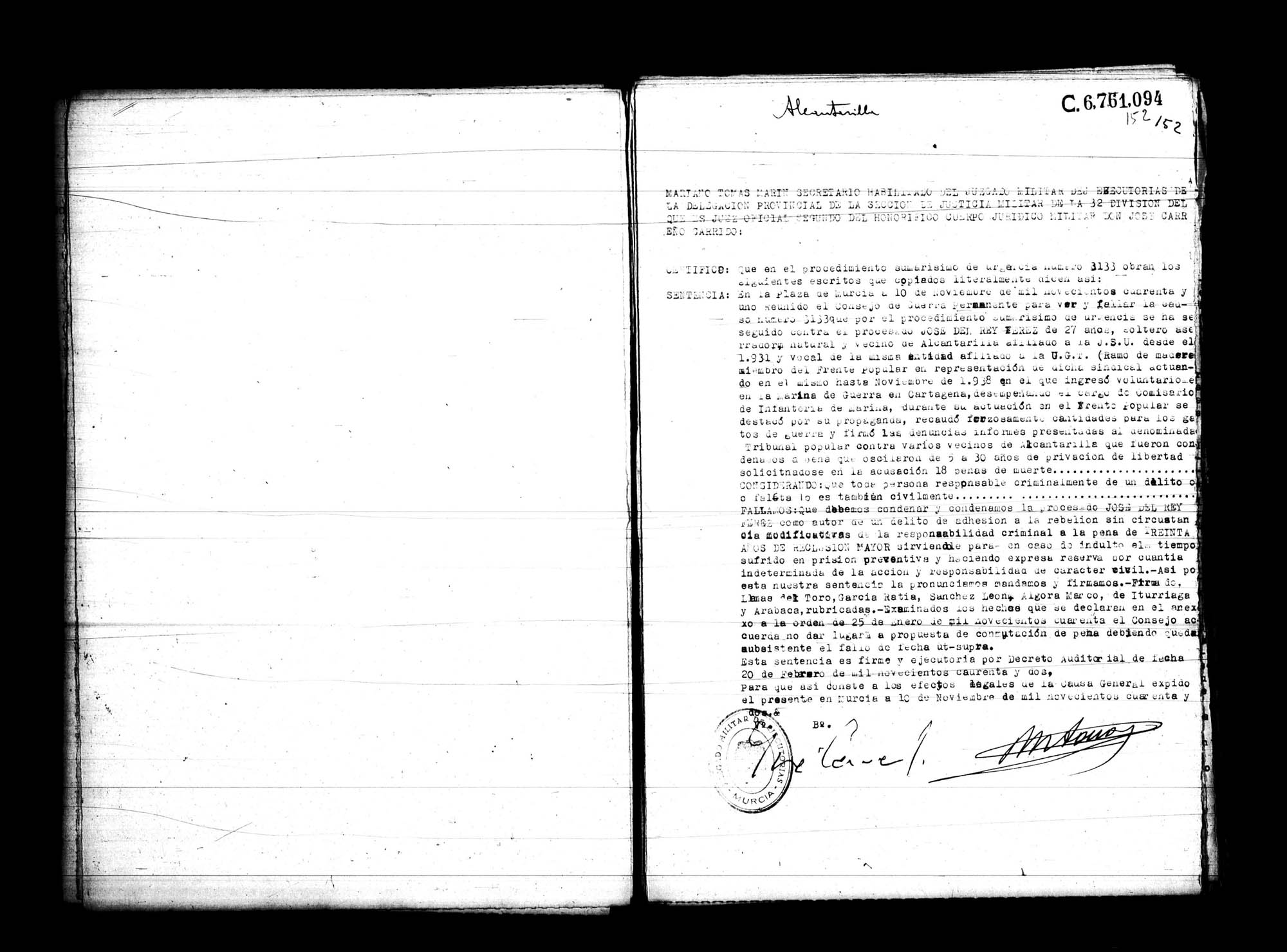 Certificado de la sentencia pronunciada contra José del Rey Férez, causa 3133, el 10 de noviembre de 1941 en Murcia.