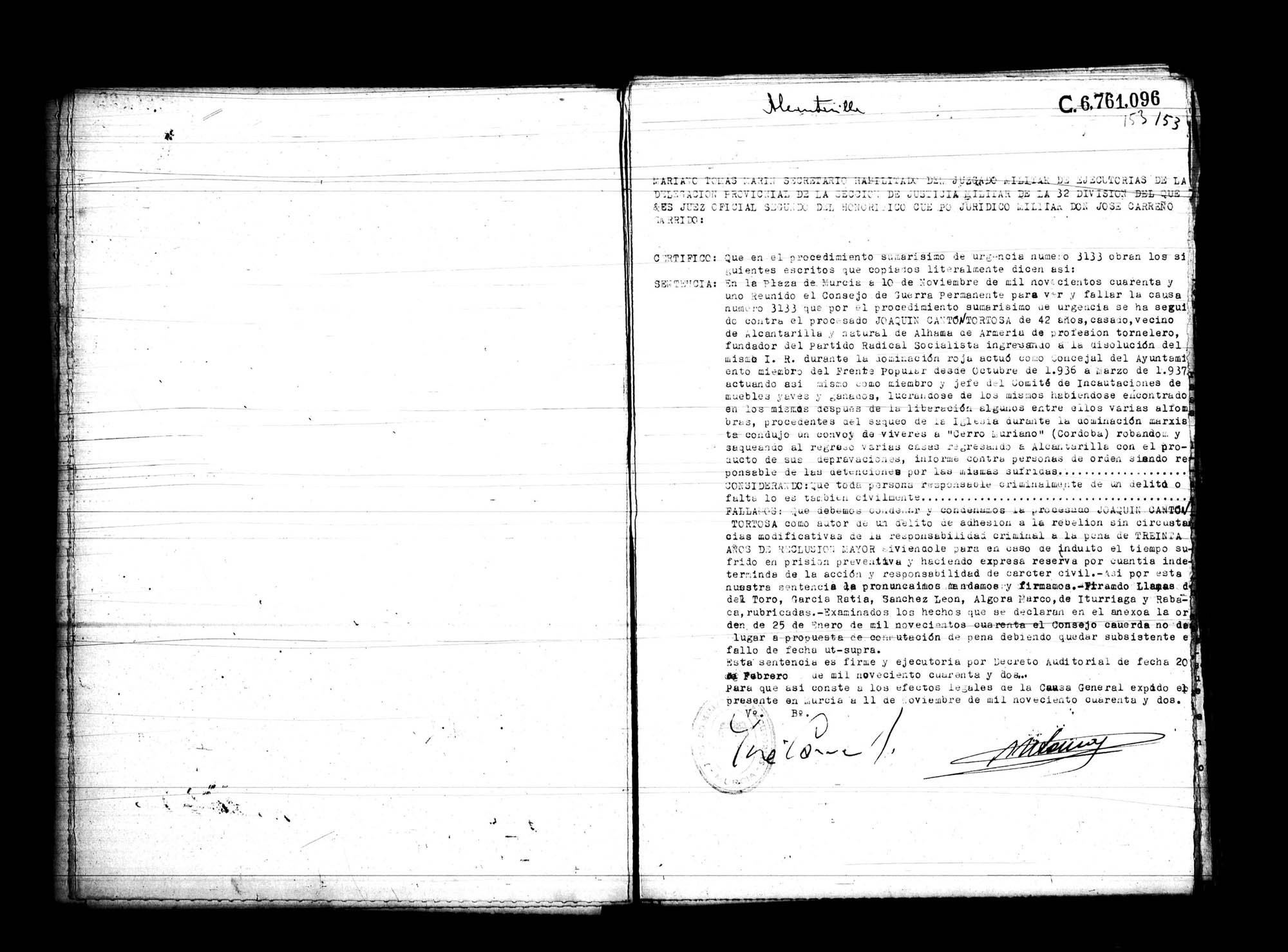 Certificado de la sentencia pronunciada contra Joaquín Cantó Tortosa, causa 3133, el 10 de noviembre de 1941 en Murcia.