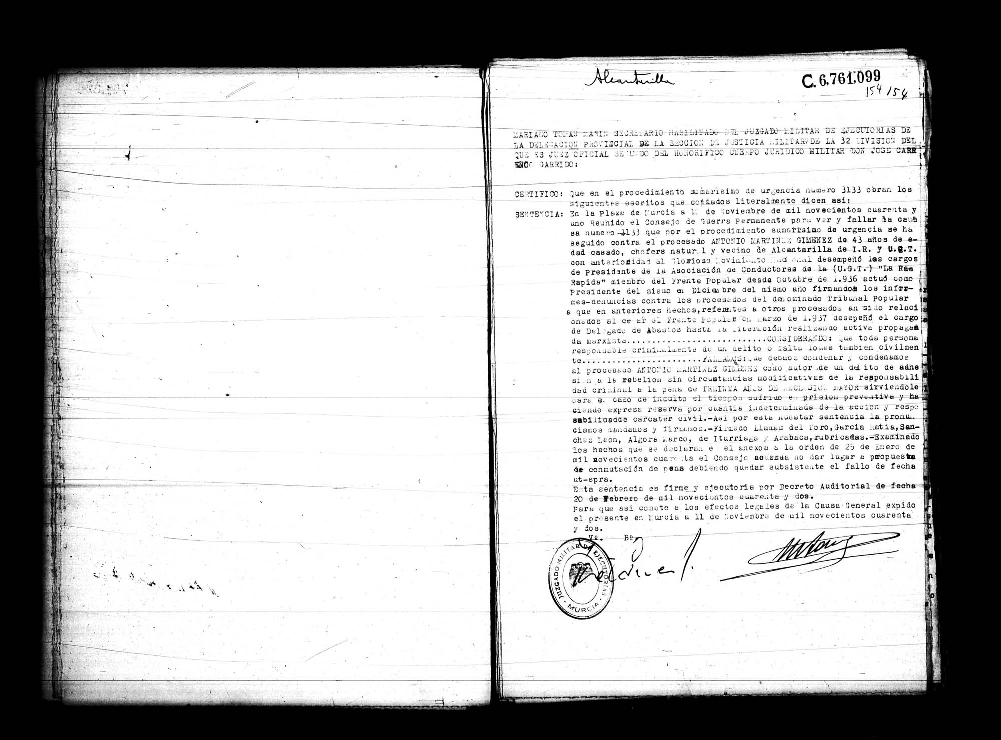 Certificado de la sentencia pronunciada contra Antonio Martínez Giménez, causa 3133, el 10 de noviembre de 1941 en Murcia.