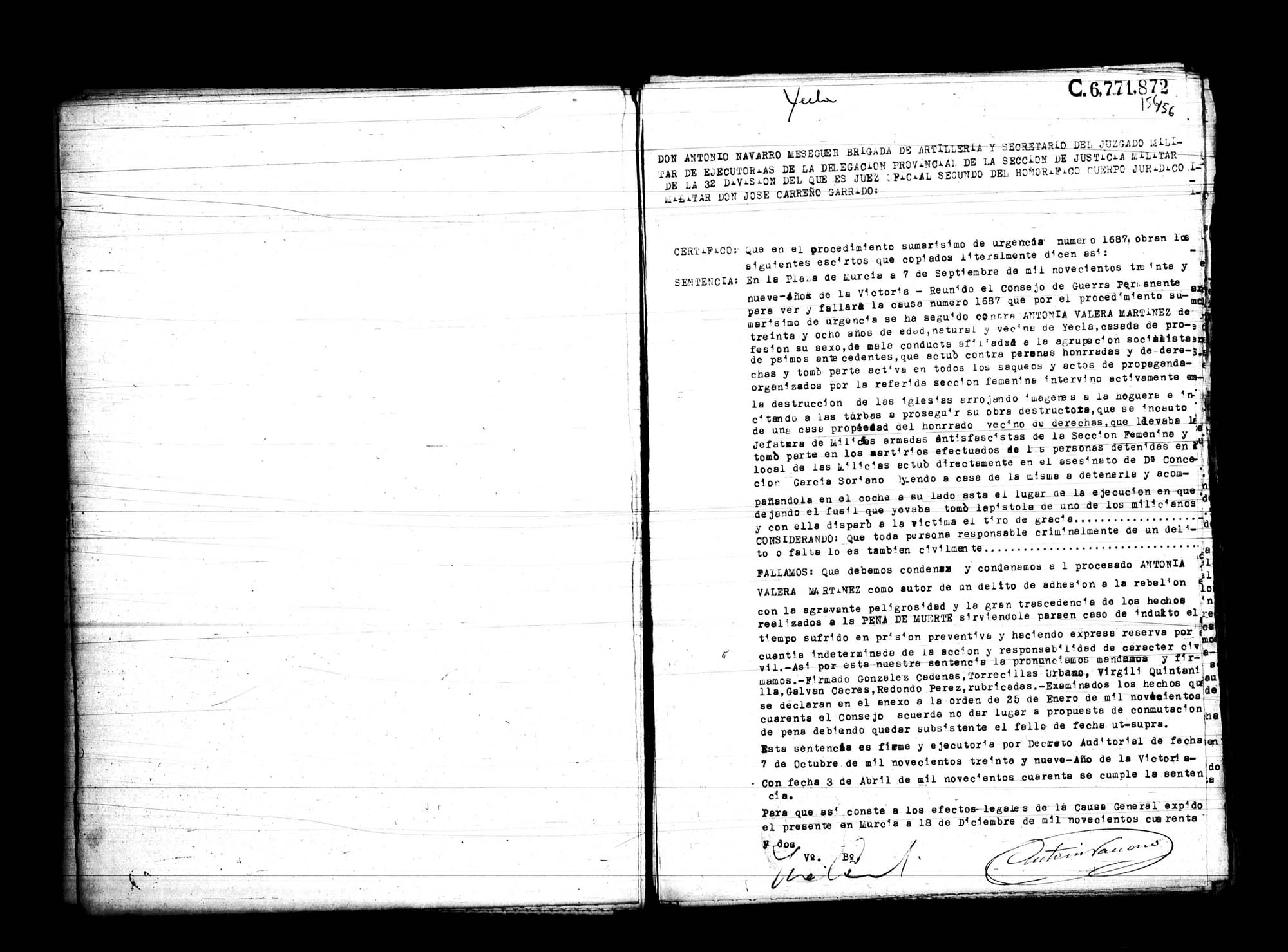 Certificado de la sentencia pronunciada contra Antonia Valera Martínez, causa 1687, el 7 de septiembre de 1939 en Murcia.