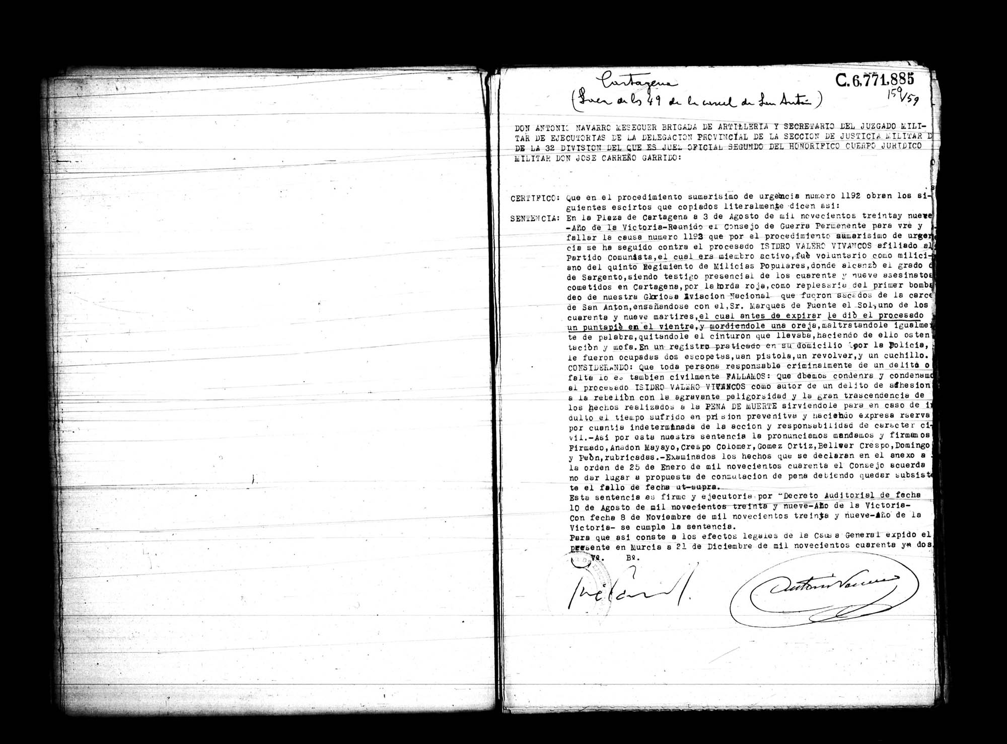 Certificado de la sentencia pronunciada contra Isidro Valero Vivancos, causa 1192, el 3 de agosto de 1939 en Cartagena.