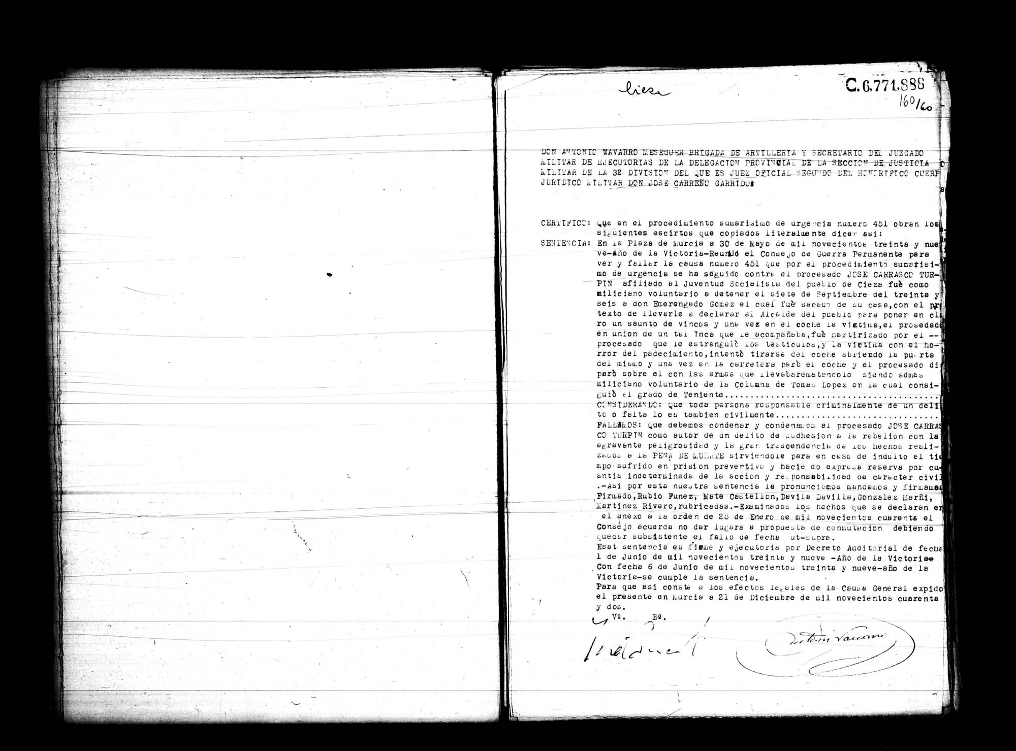 Certificado de la sentencia pronunciada contra José Carrasco Turpin, causa 451, el 30 de mayo de 1939 en Murcia.