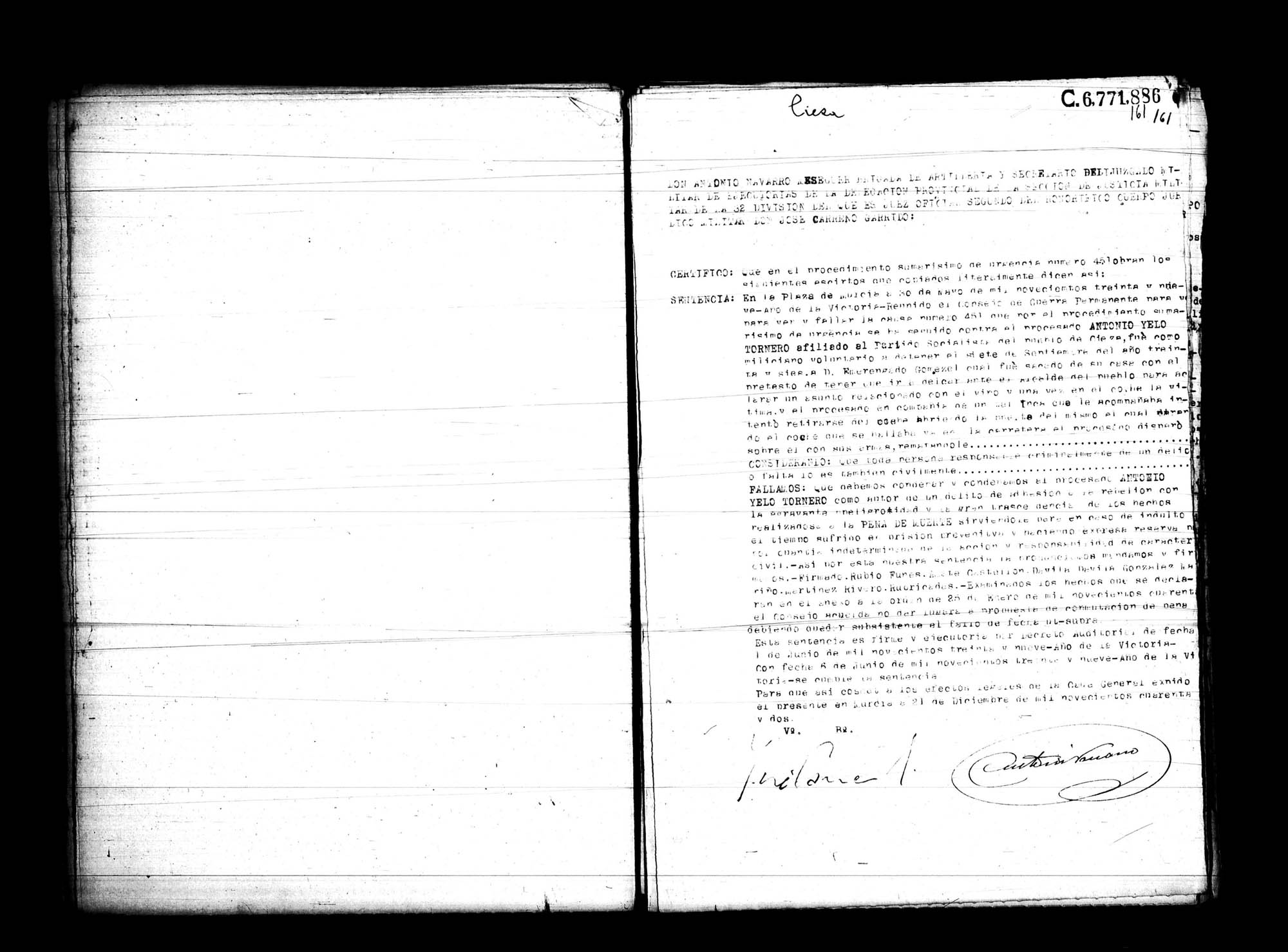 Certificado de la sentencia pronunciada contra Antonio Yelo Tornero, causa 451, el 30 de mayo de 1939 en Murcia.