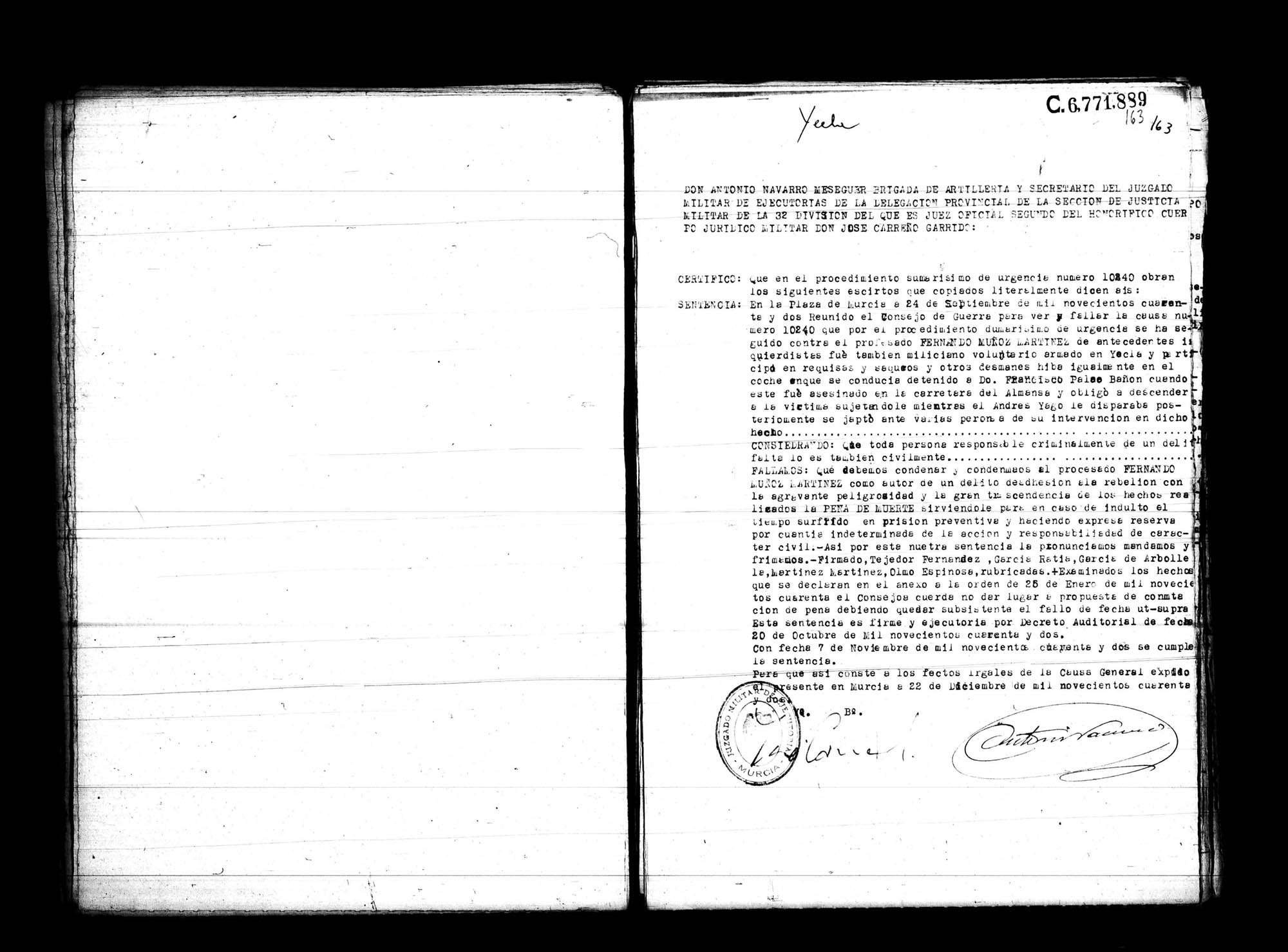 Certificado de la sentencia pronunciada contra Fernando Muñoz Martínez, causa 10240, el 24 de septiembre de 1942 en Murcia.
