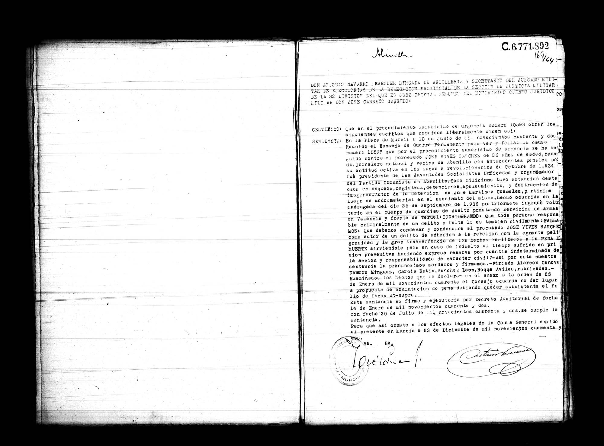 Certificado de la sentencia pronunciada contra José Vives Sánchez, causa 10598, el 10 de junio de 1942 en Murcia.