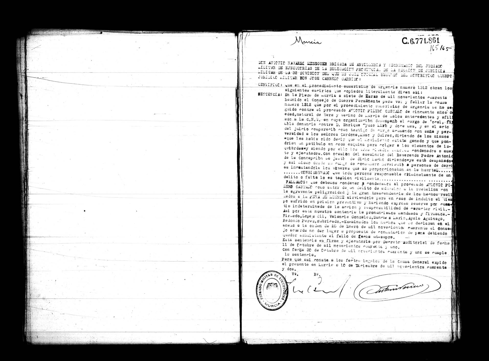 Certificado de la sentencia pronunciada contra Antonio Piñero Castaño,  causa 1312, el 7 de marzo de 1940 en Murcia.