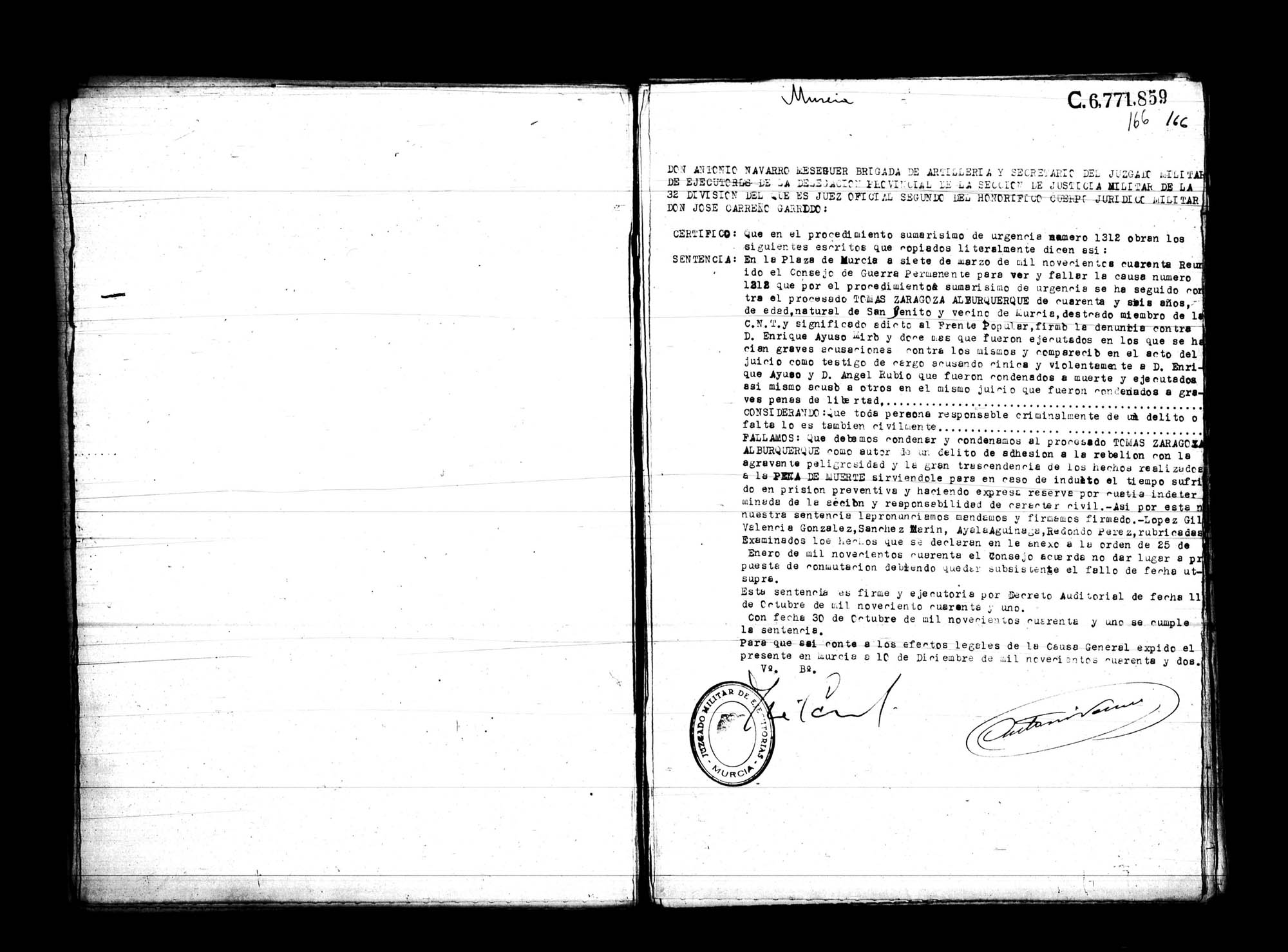 Certificado de la sentencia pronunciada contra Tomás Zaragoza Alburquerque, causa 1312, el 7 de marzo de 1940 en Murcia.