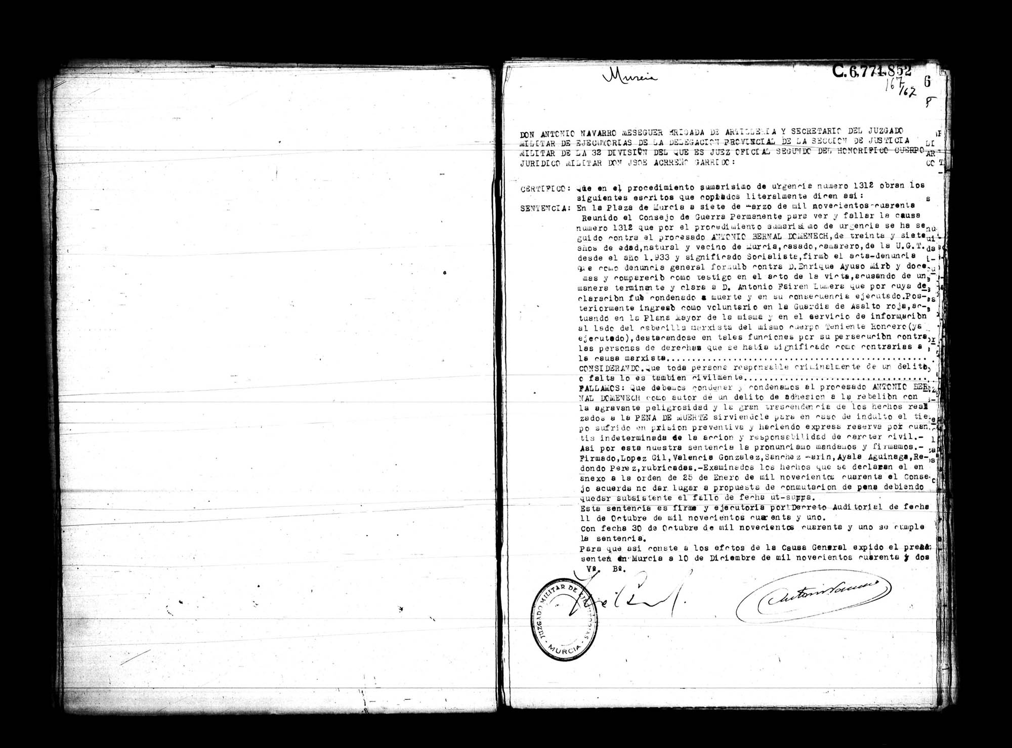 Certificado de la sentencia pronunciada contra Antonio Bernal Domenech,  causa 1312, el 7 de marzo de 1940 en Murcia.