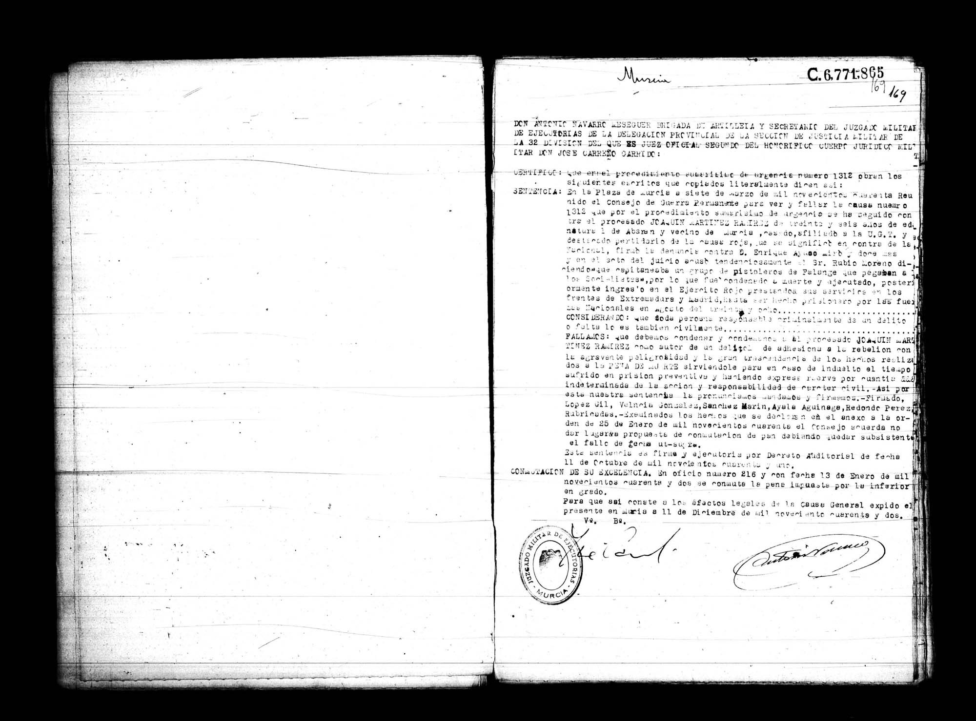 Certificado de la sentencia pronunciada contra Joaquín Martínez Ramírez, causa 1312, el 11 de diciembre de 1942 en Murcia.