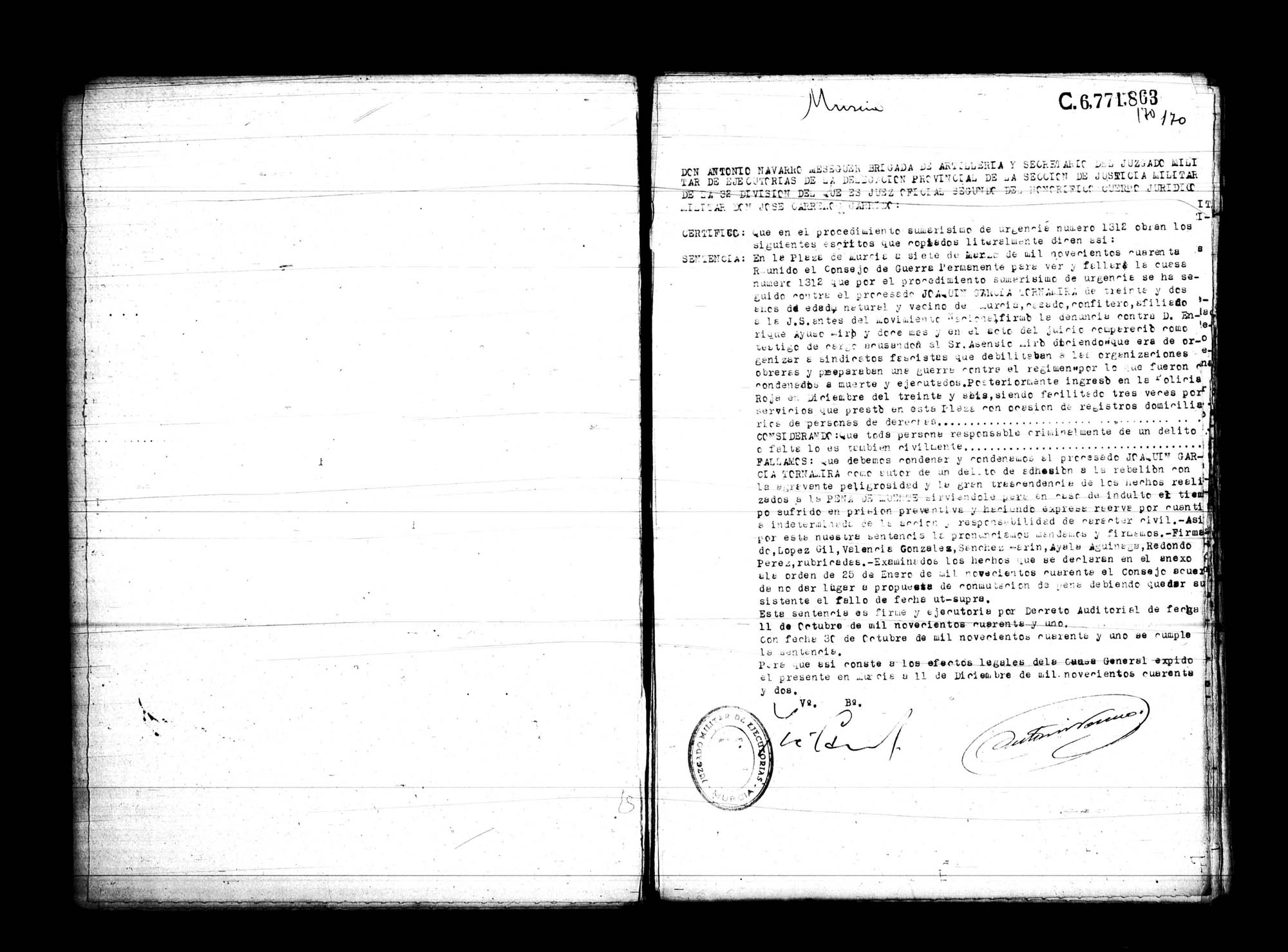 Certificado de la sentencia pronunciada contra Joaquín García Tornamira,  causa 1312, el 7 de marzo de 1940 en Murcia.