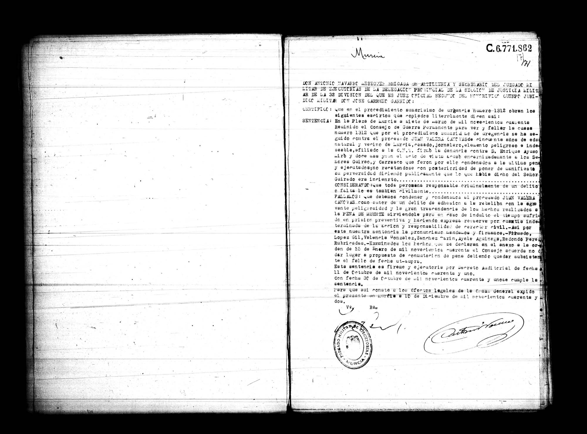 Certificado de la sentencia pronunciada contra Juan Valera Cánovas, causa 1312, el 7 de marzo de 1940 en Murcia.