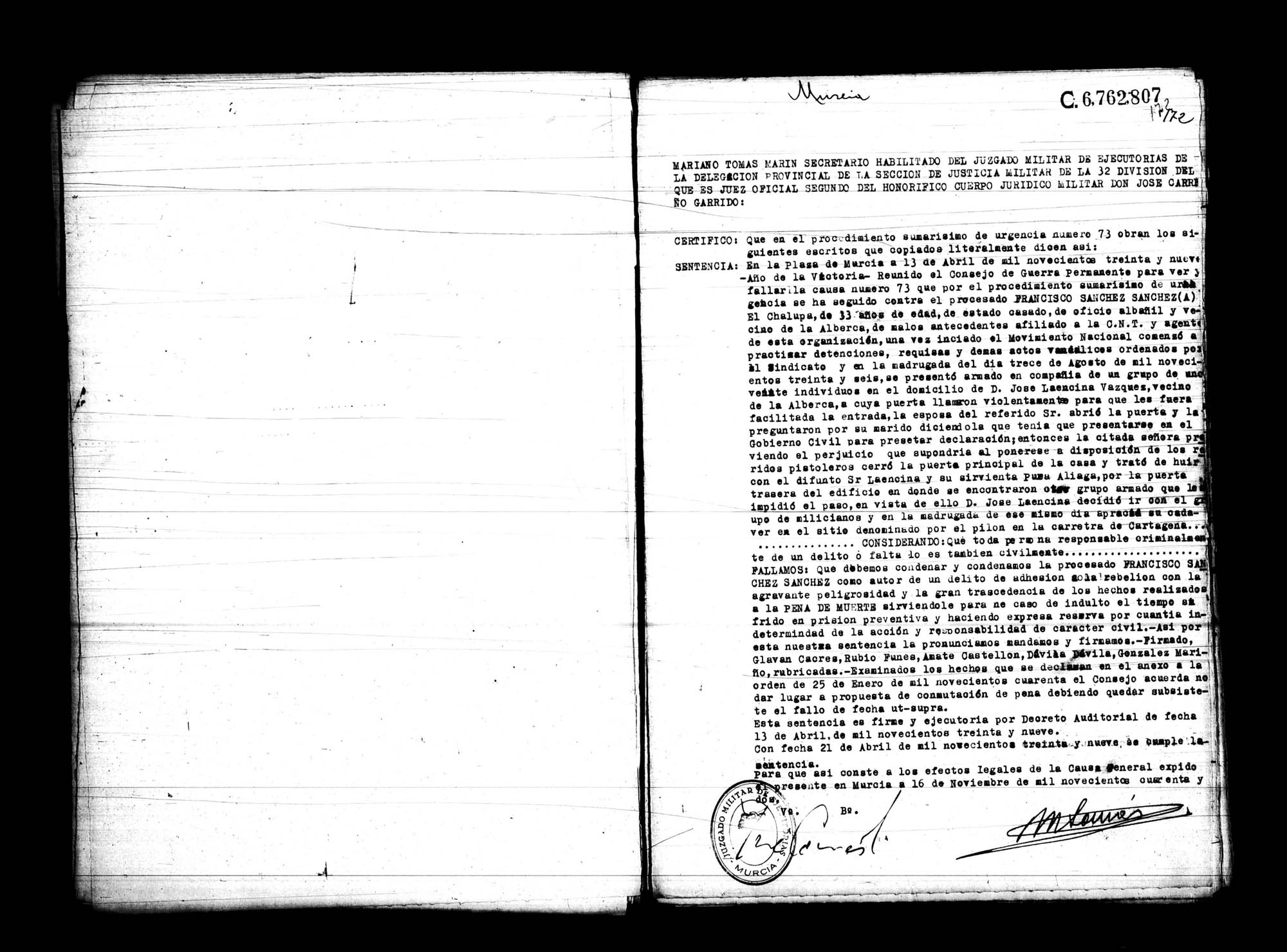 Certificado de la sentencia pronunciada contra Francisco Sánchez Sánchez, causa 73, el 13 de abril de 1939 en Murcia.