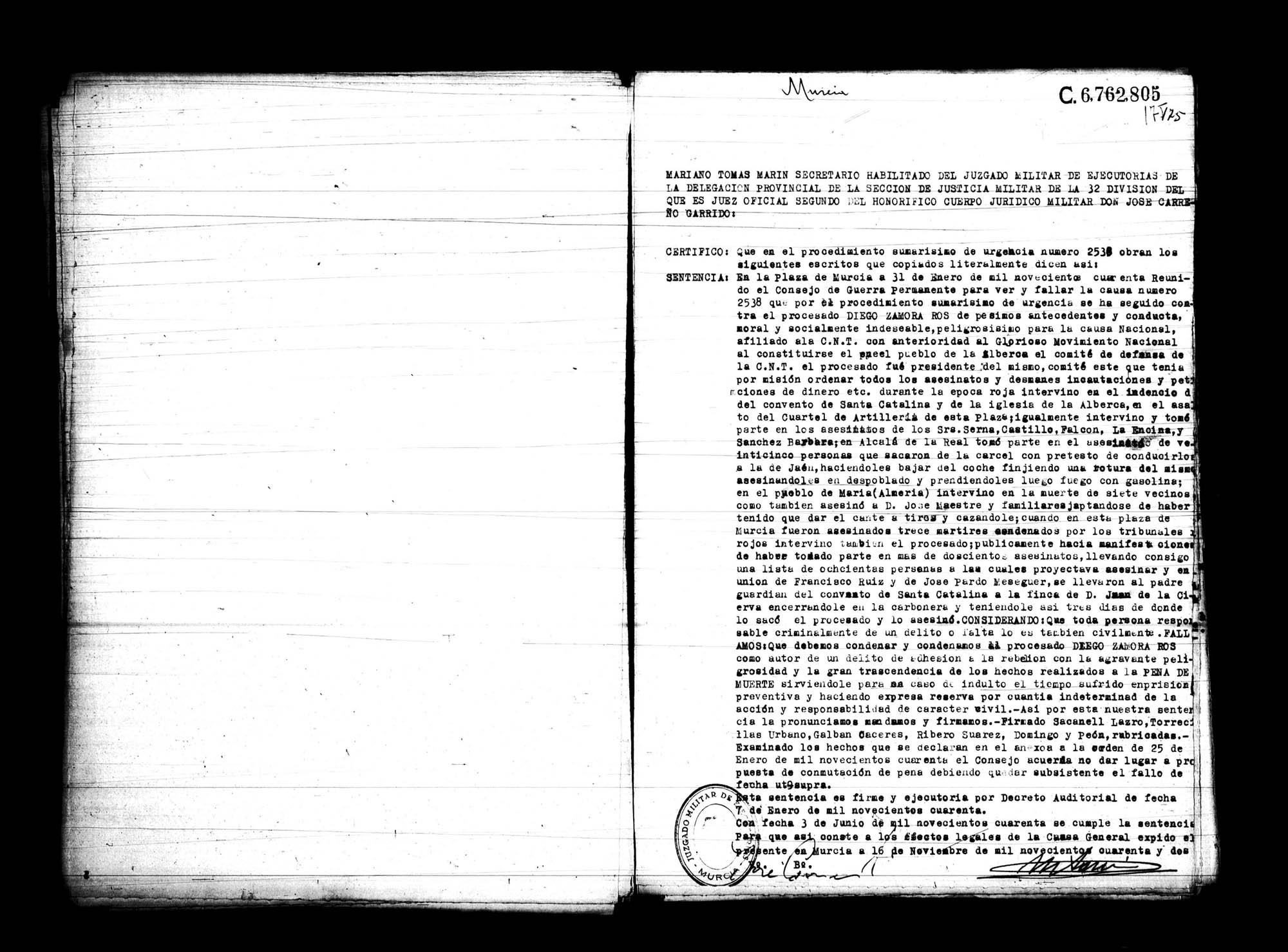Certificado de la sentencia pronunciada contra Diego Zamora Ros, causa 2.538, el 31 de enero de 1940 en Murcia.
