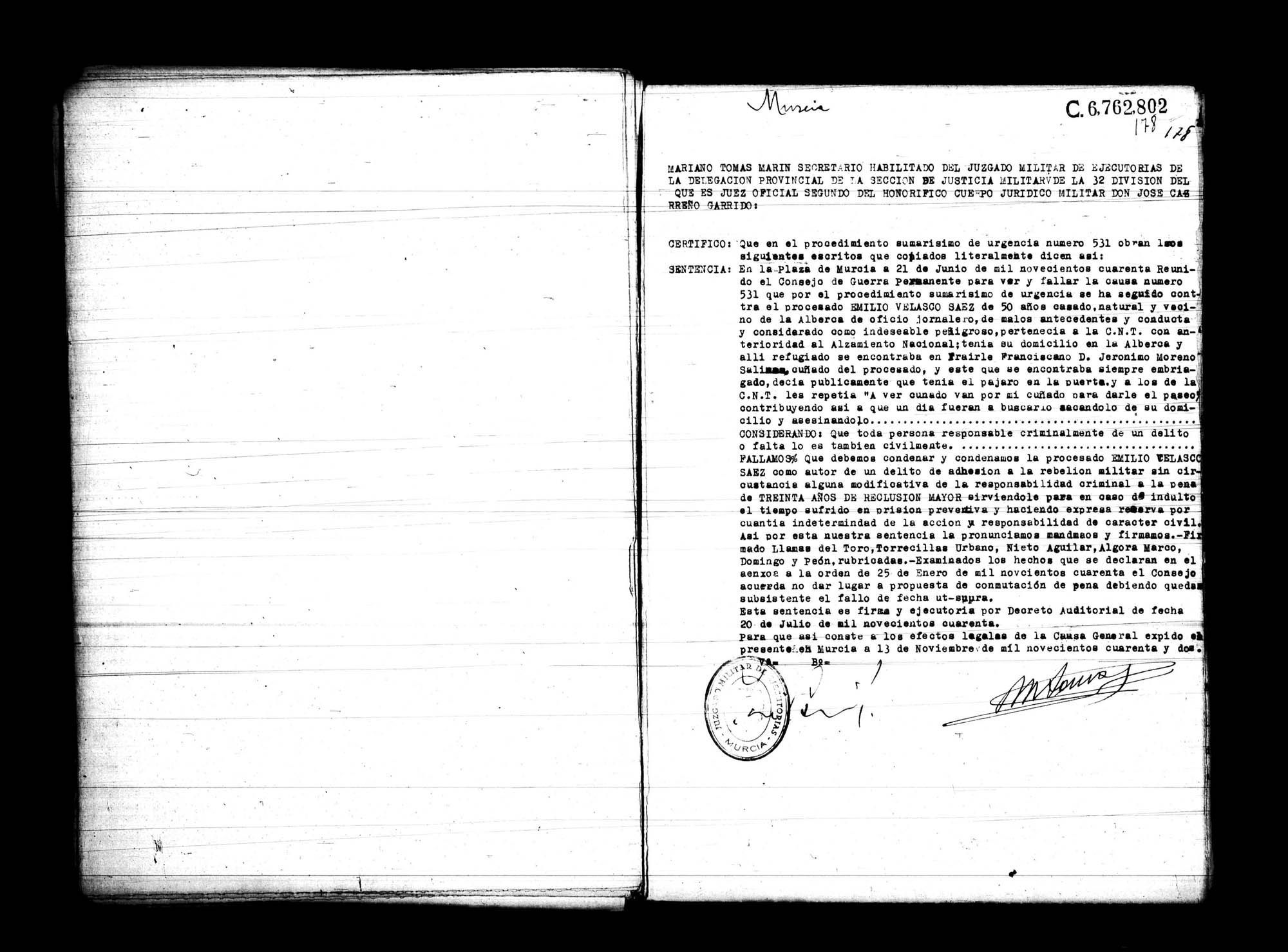 Certificado de la sentencia pronunciada contra Emilio Velasco Sáez,  causa 531, el 21 de junio de 1940 en Murcia.