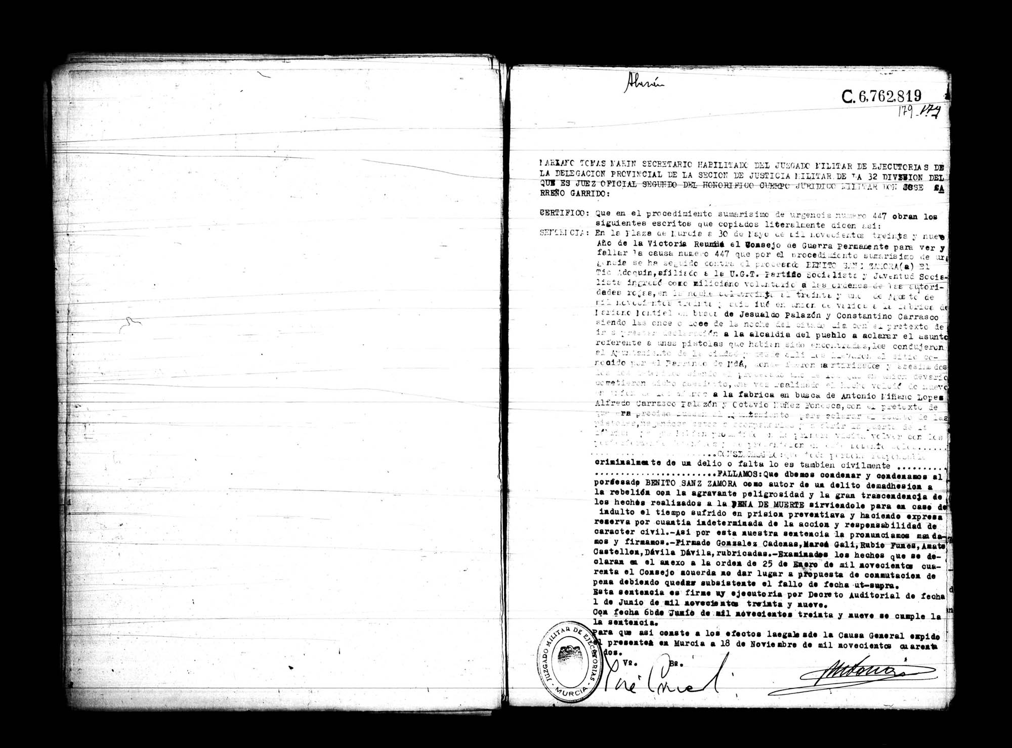 Certificado de la sentencia pronunciada contra Benito Sanz Zamora, causa 447, el 30 de mayo de 1939 en Murcia.