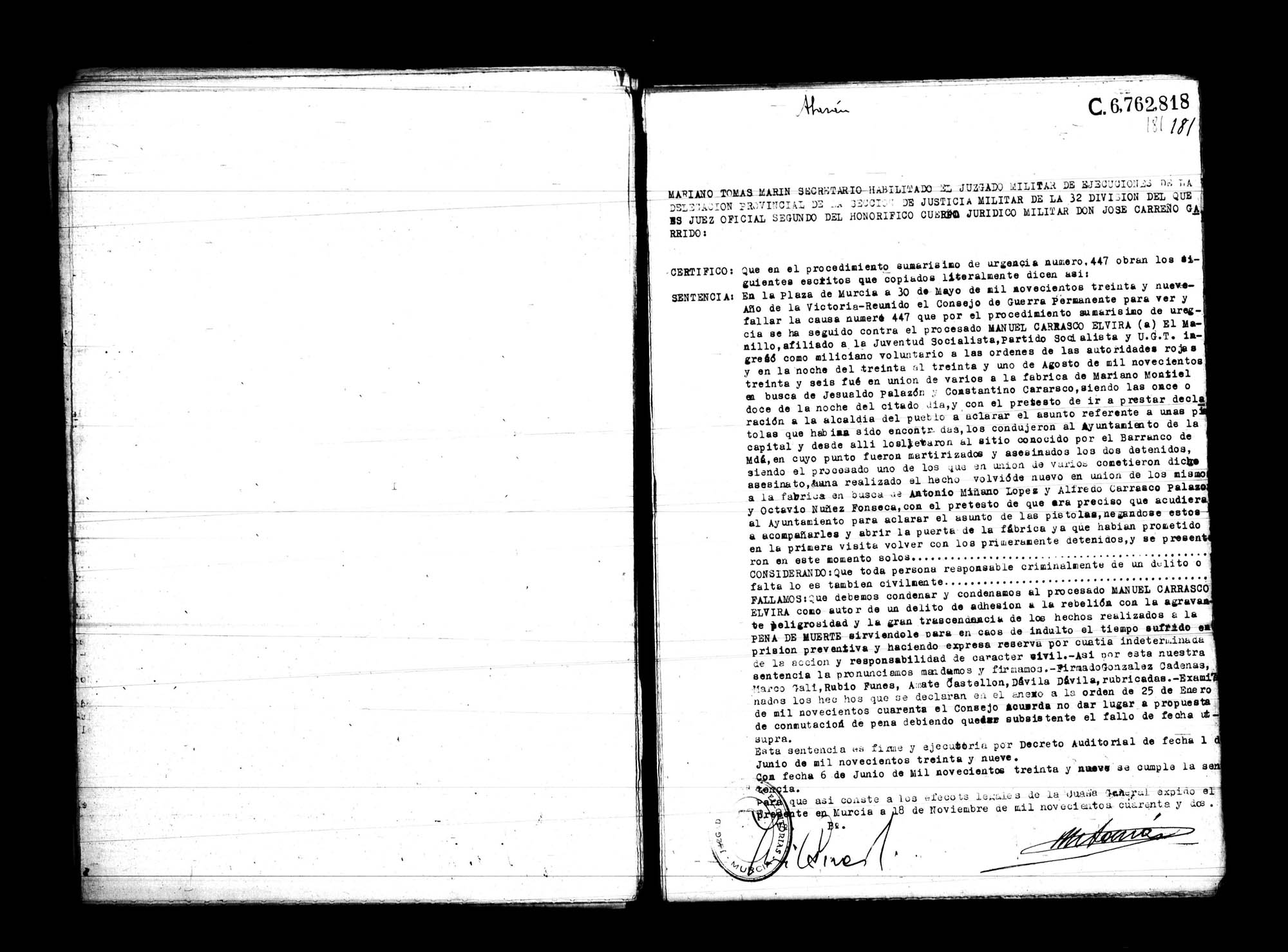 Certificado de la sentencia pronunciada contra Manuel Carrasco Elvira, causa 447, el 30 de mayo de 1939 en Murcia.