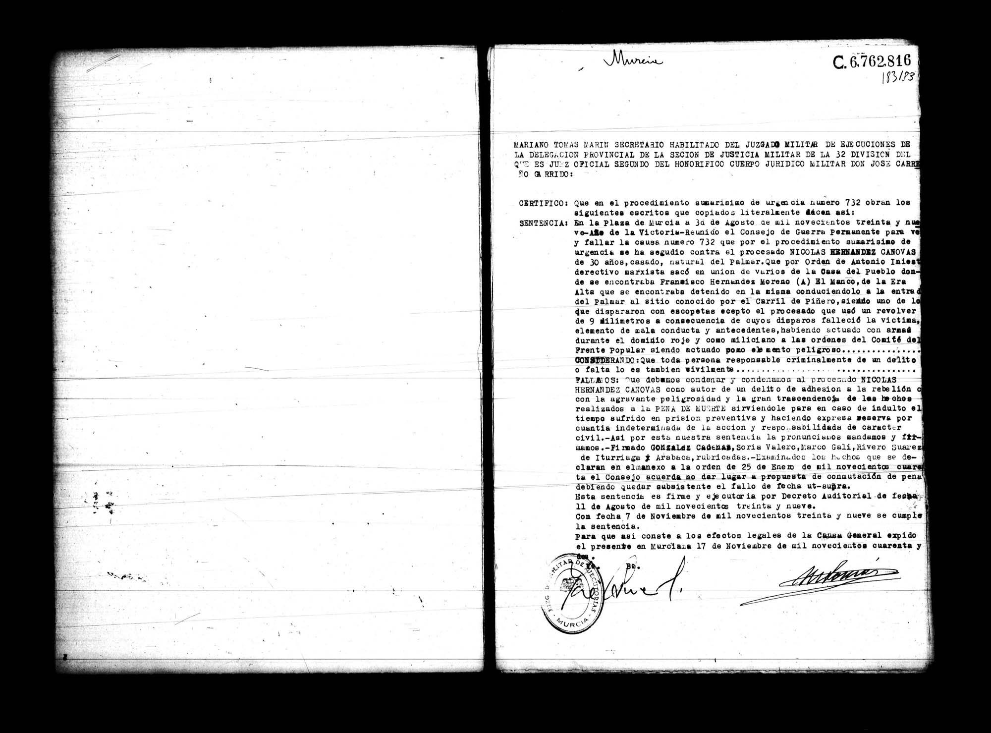 Certificado de la sentencia pronunciada contra Nicolás Hernández Cánovas, causa 732, el 30 de agosto de 1939 en Murcia.