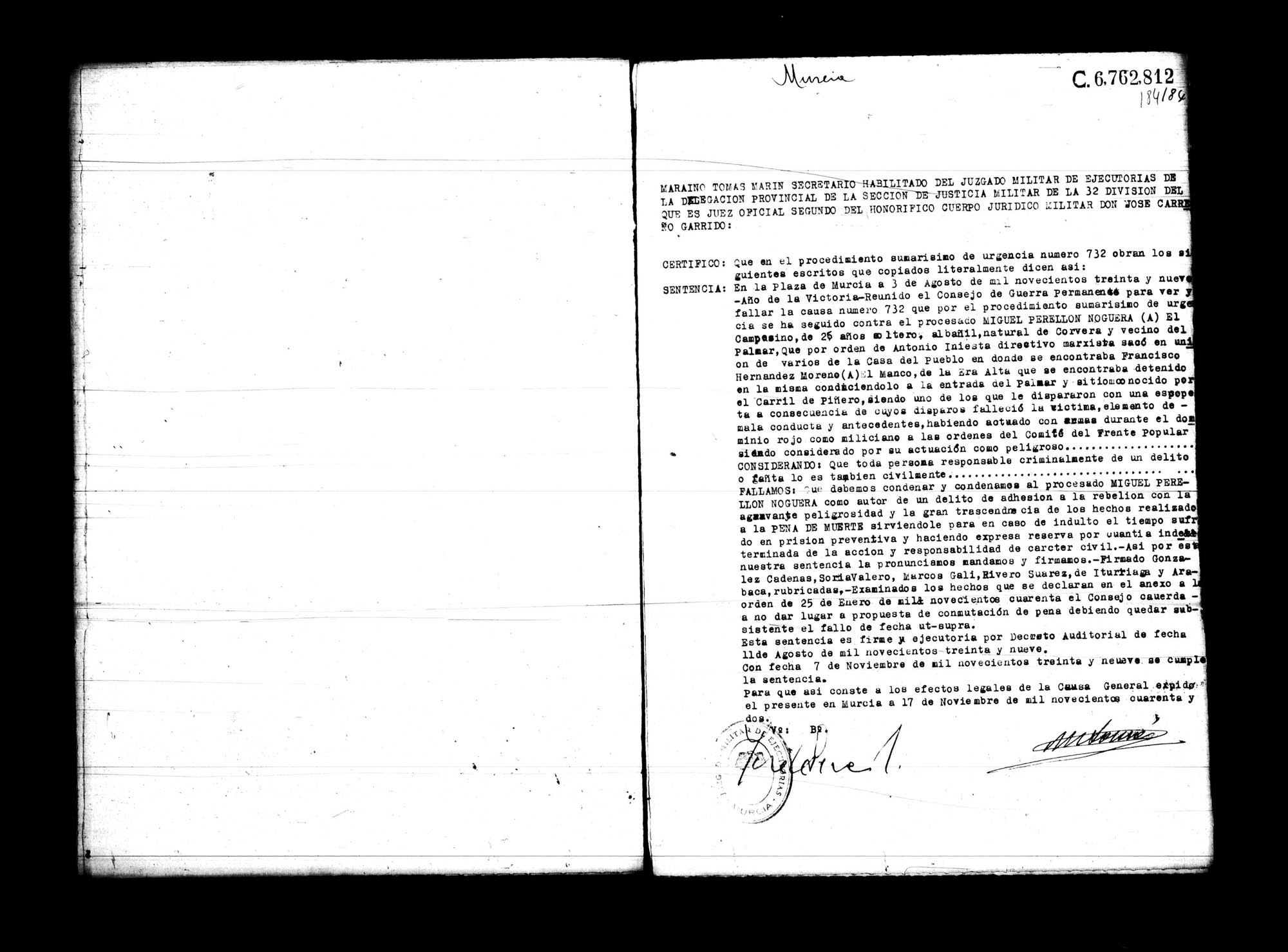 Certificado de la sentencia pronunciada contra Miguel Perellón Noguera, causa 732, el 3 de agosto de 1939 en Murcia.