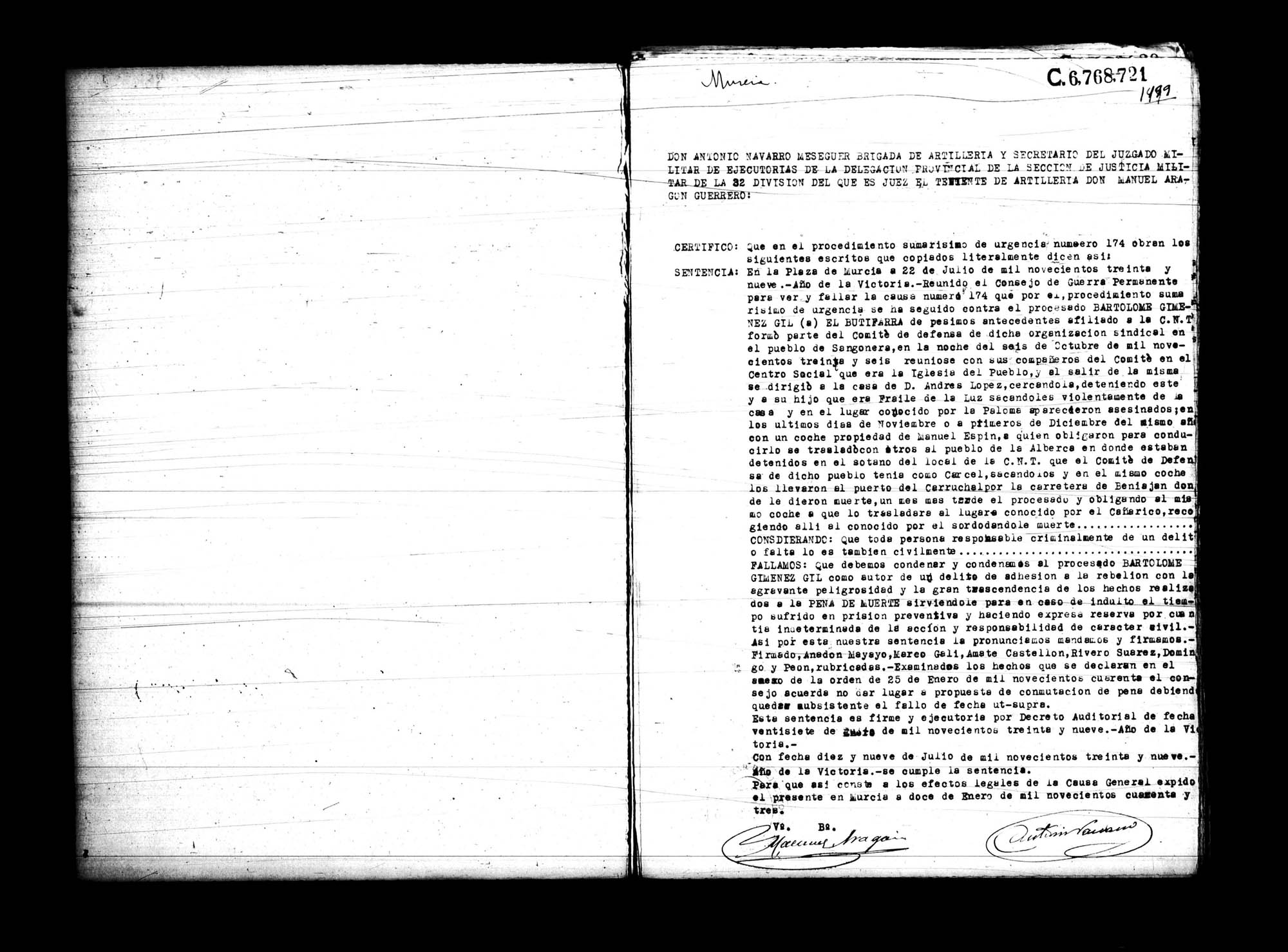 Certificado de la sentencia pronunciada contra Bartolomé Giménez Gil, causa 174, el 22 de julio de 1939 en Murcia.