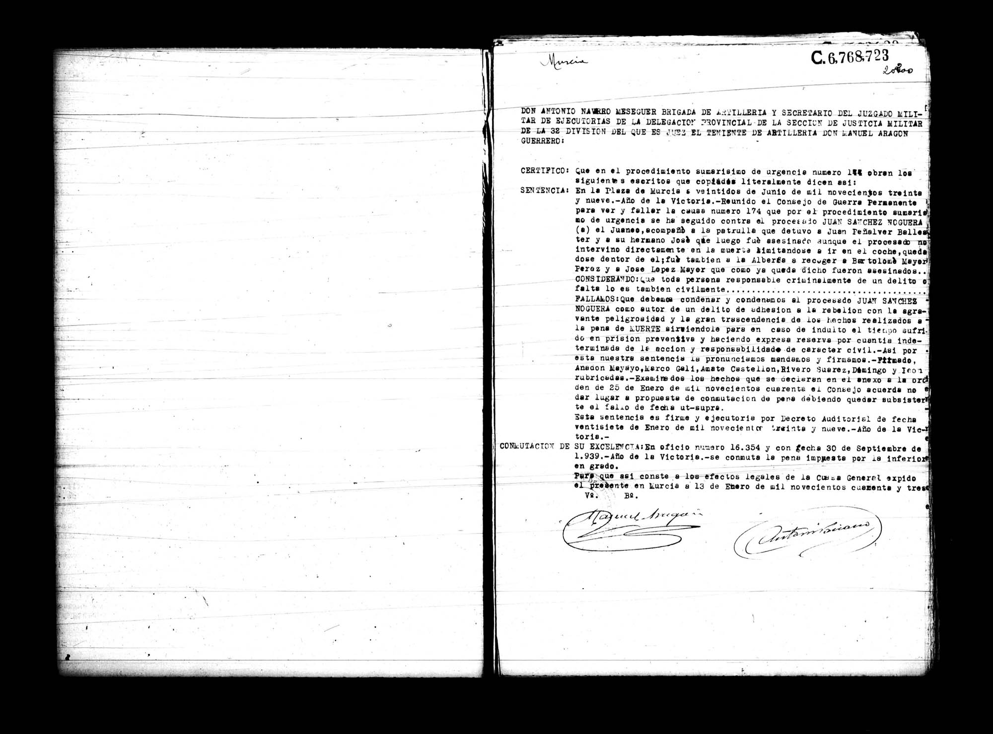 Certificado de la sentencia pronunciada contra Juan Sánchez Noguera, causa 174, el 22 de junio de 1939 en Murcia.