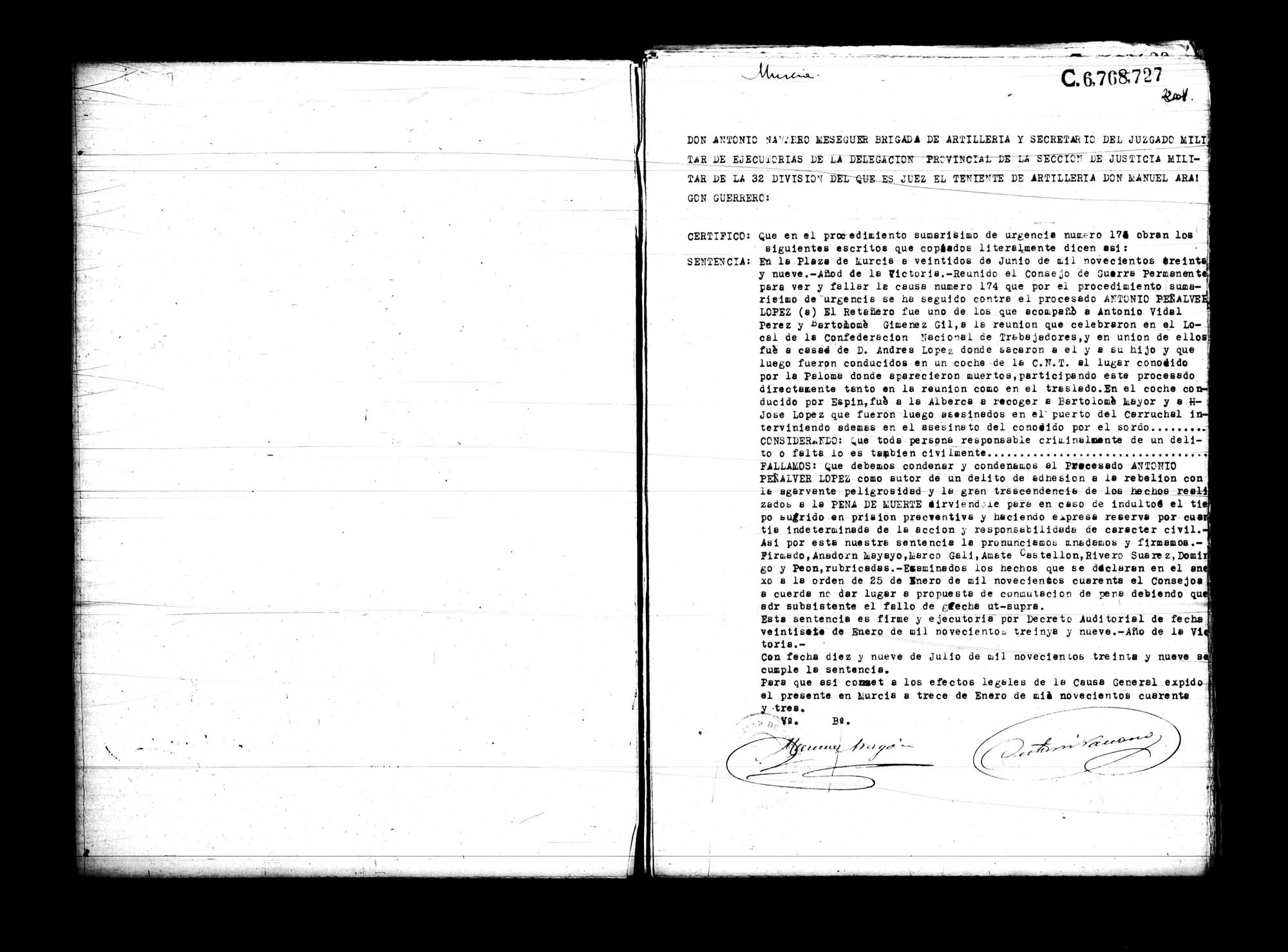 Certificado de la sentencia pronunciada contra Antonio Peñalver López, causa 174, el 13 de enero de 1943 en Murcia.