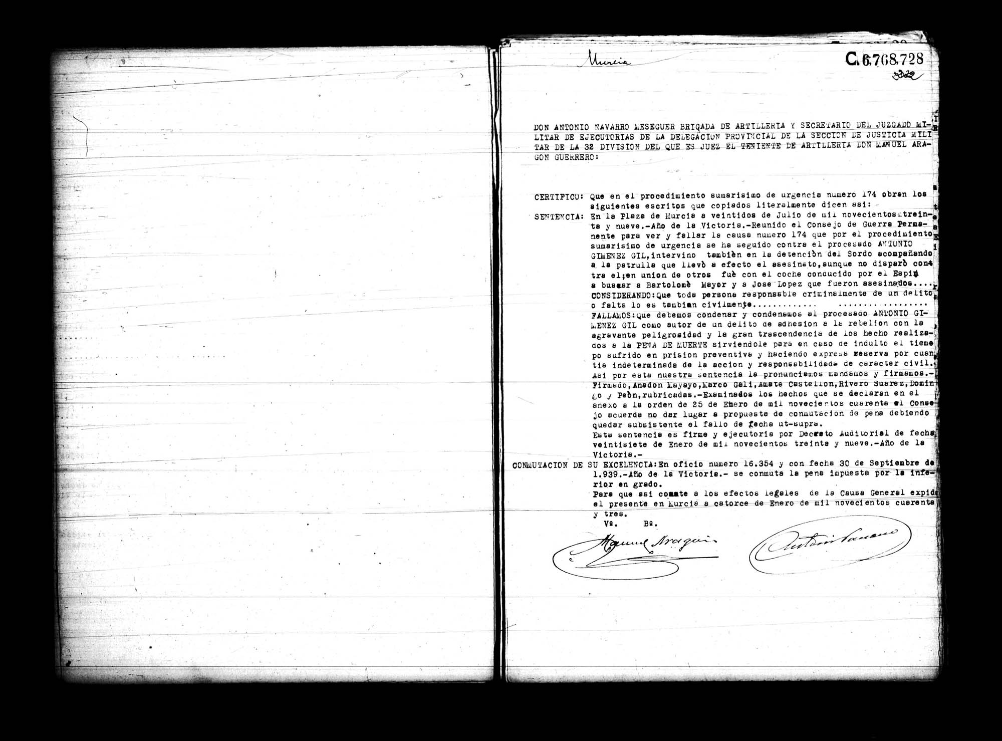 Certificado de la sentencia pronunciada contra Antonio Giménez Gil, causa 174, el 22 de julio de 1939 en Murcia.