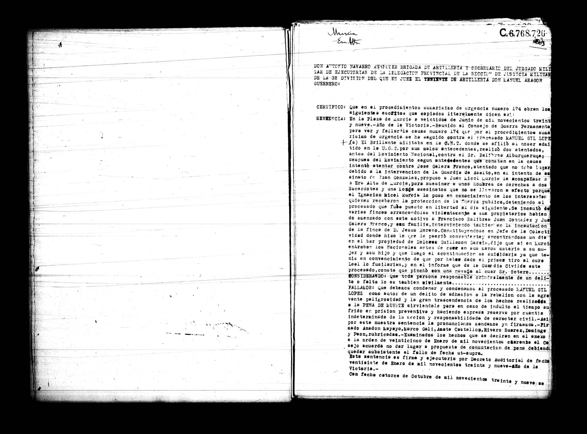 Certificado de la sentencia pronunciada contra Manuel Gil López, causa 174, el 22 de junio de 1939 en Murcia.