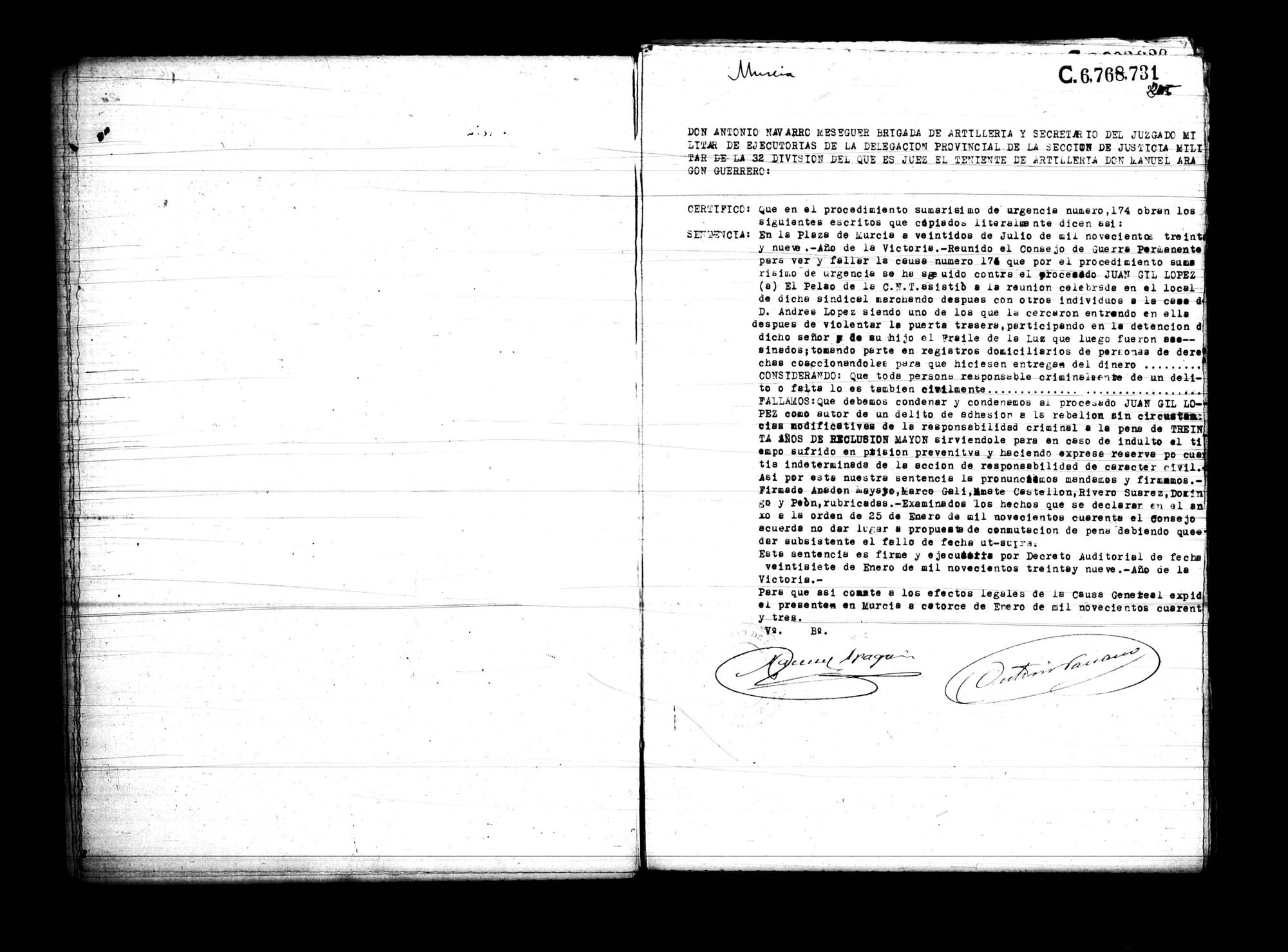 Certificado de la sentencia pronunciada contra Juan Gil López, causa 174, el 22 de julio de 1939 en Murcia.
