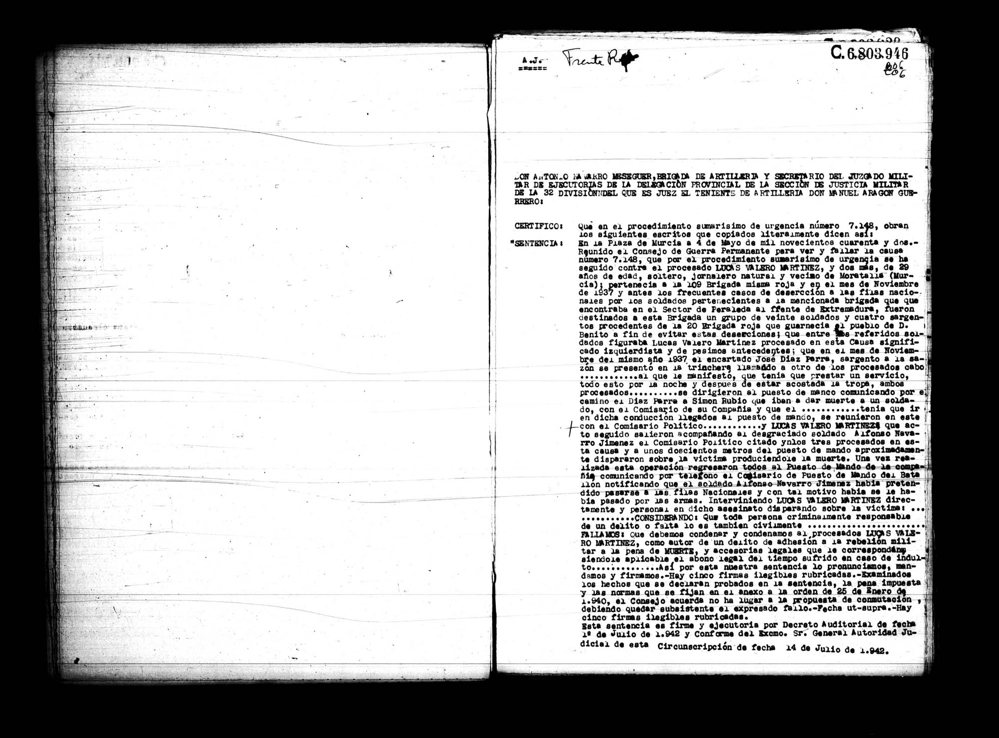 Certificado de la sentencia pronunciada contra Lucas Valero Martínez, causa 7148, el 4 de mayo de 1942 en Murcia.
