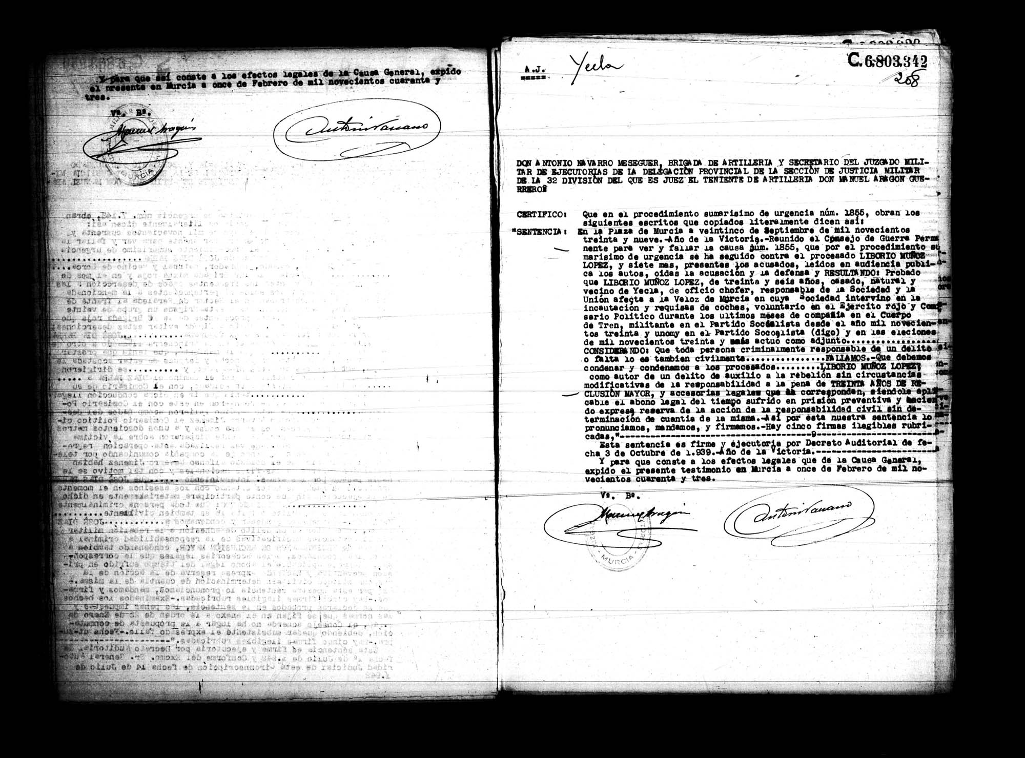 Certificado de la sentencia pronunciada contra José Díaz Parra, causa 7148, el 4 de mayo de 1492 en Murcia.
