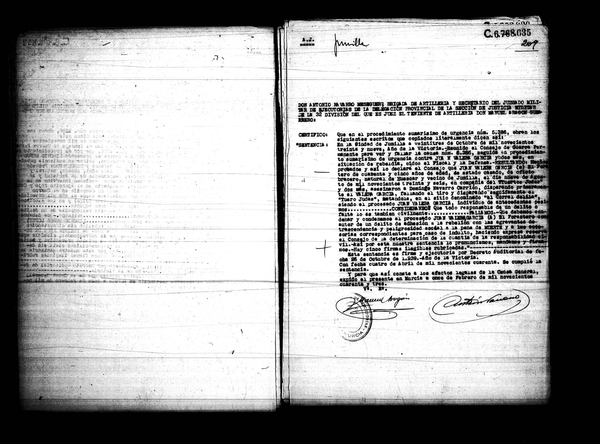Certificado de la sentencia pronunciada contra Juan Valera García, causa 5386, el 23 de octubre de 1939 en Jumilla.