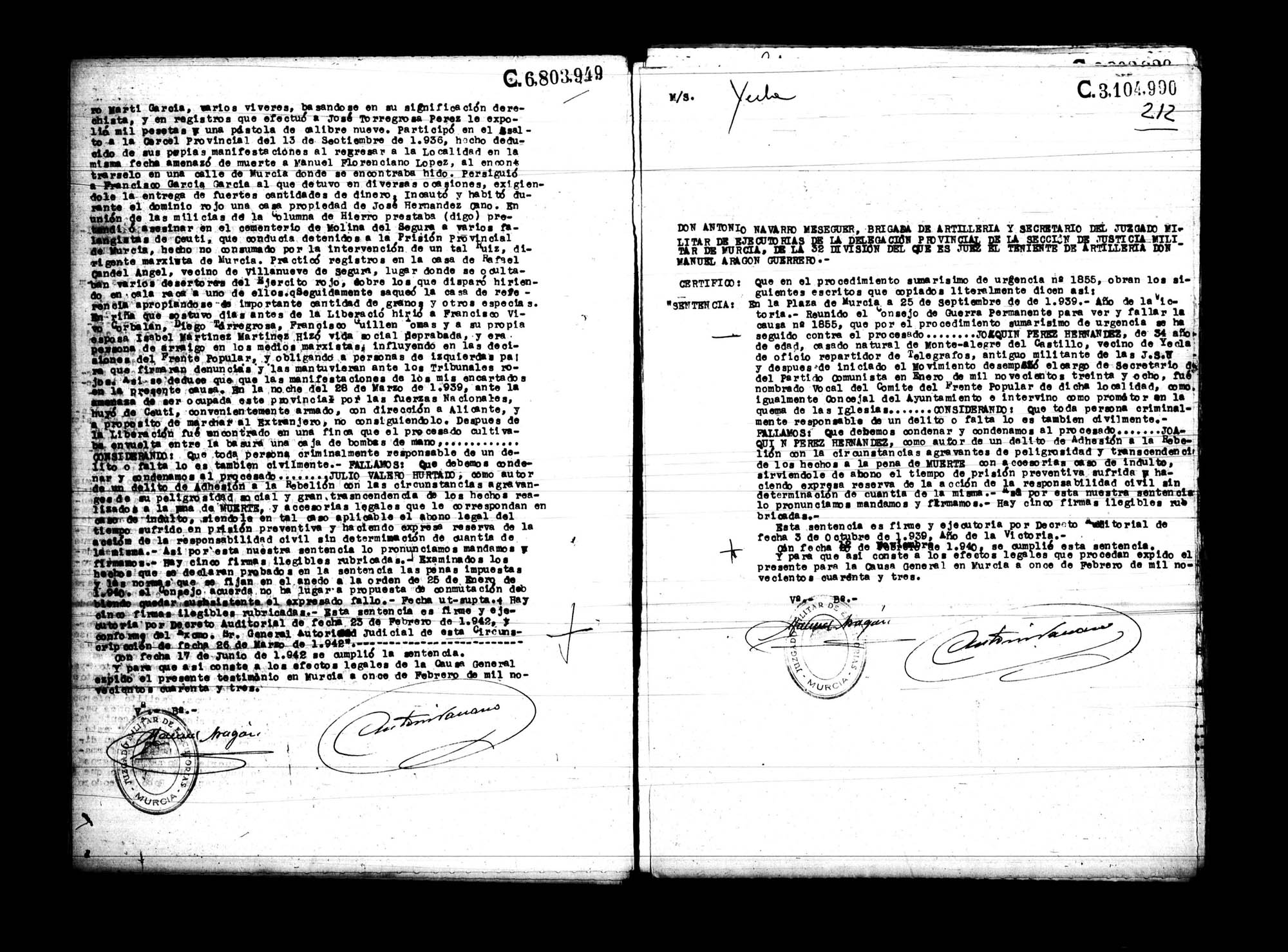 Certificado de la sentencia pronunciada contra Julio Valero Hurtado,  causa 7105, el 7 de noviembre de 1941 en Murcia.