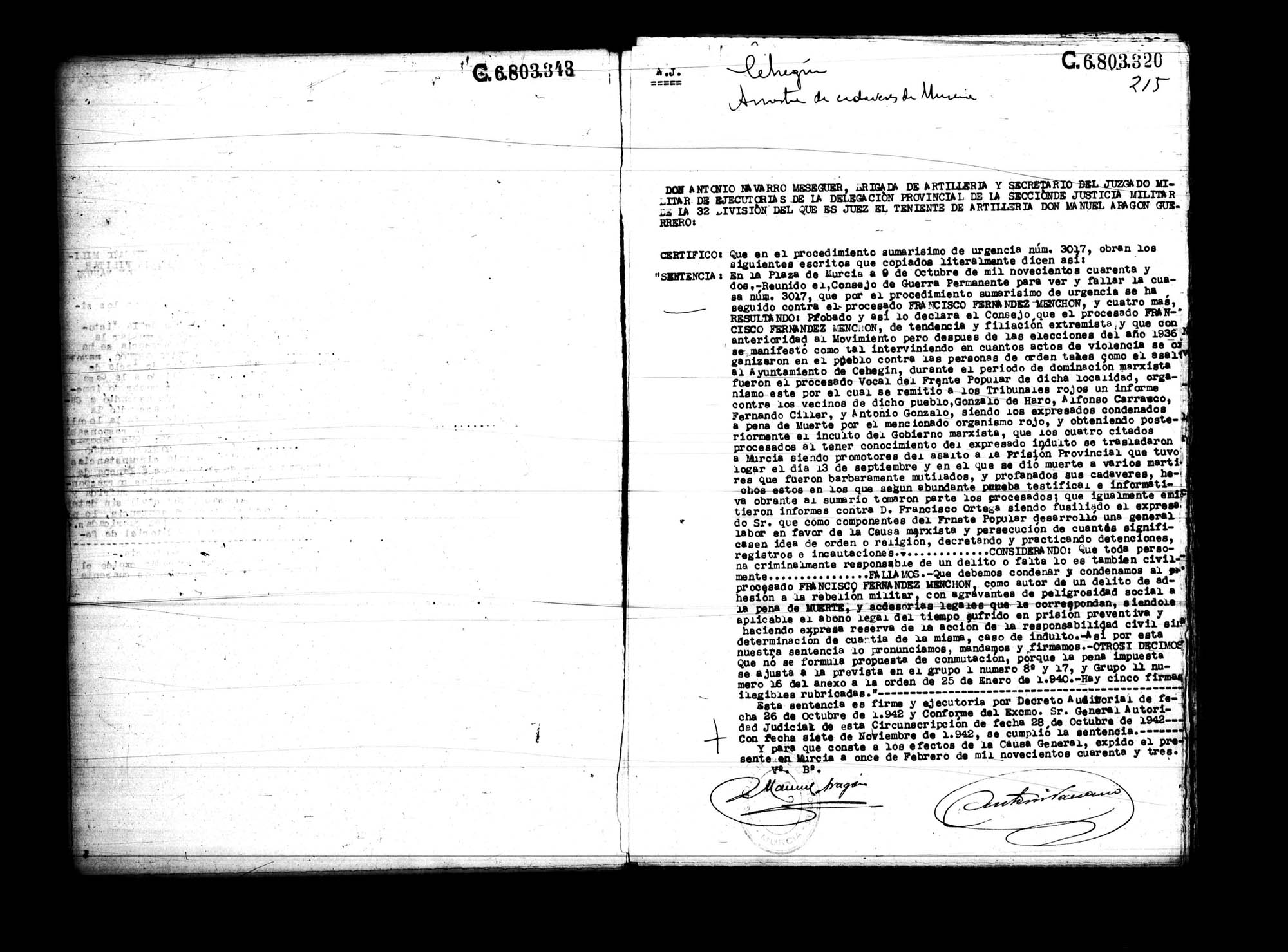 Certificado de la sentencia pronunciada contra Francisco Fernández Menchón, causa 3017, el 9 de octubre de 1942 en Murcia.