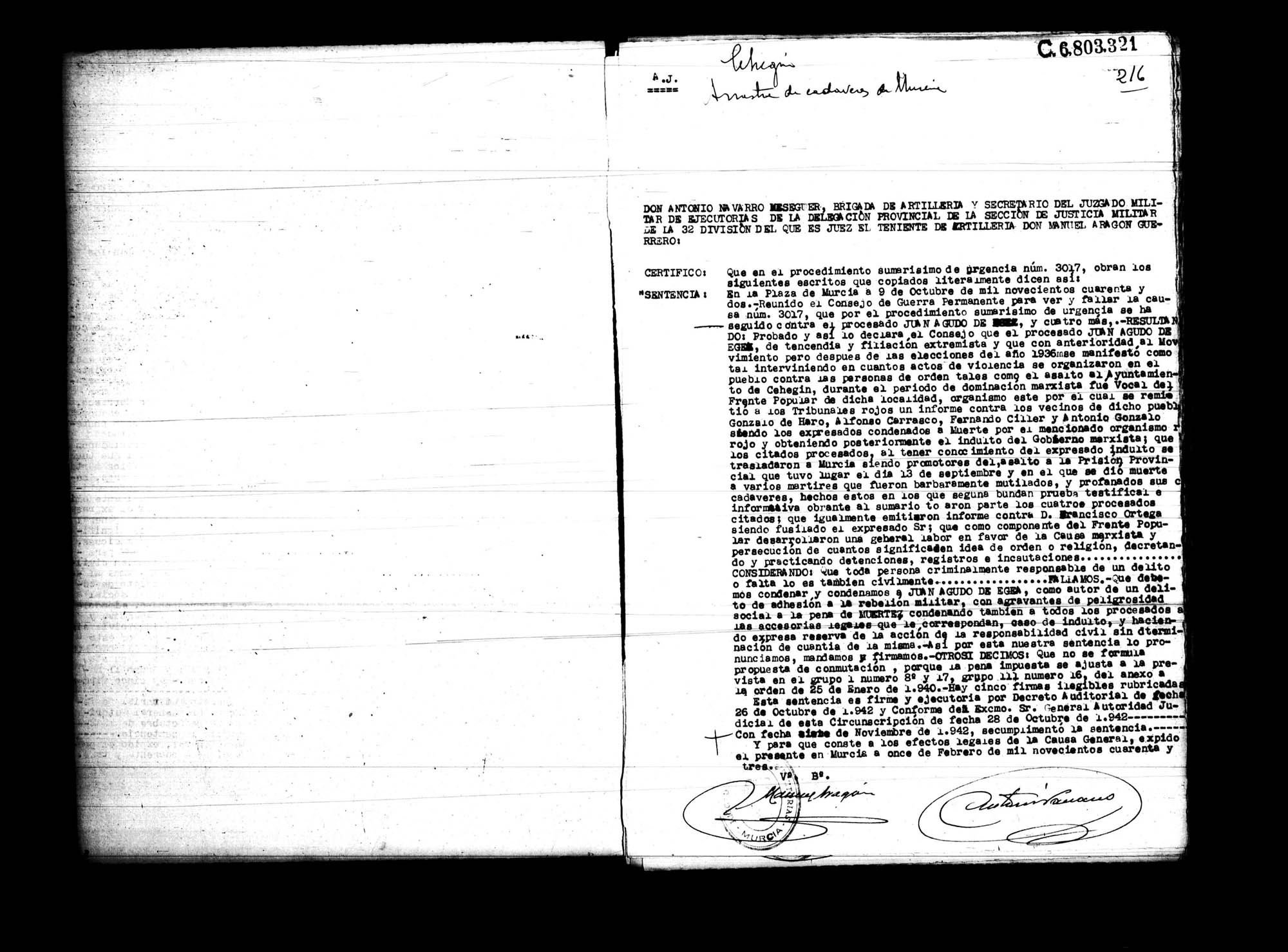 Certificado de la sentencia pronunciada contra Juan Aguado de Egea, causa 3017, el 9 de octubre de 1942 en Murcia.