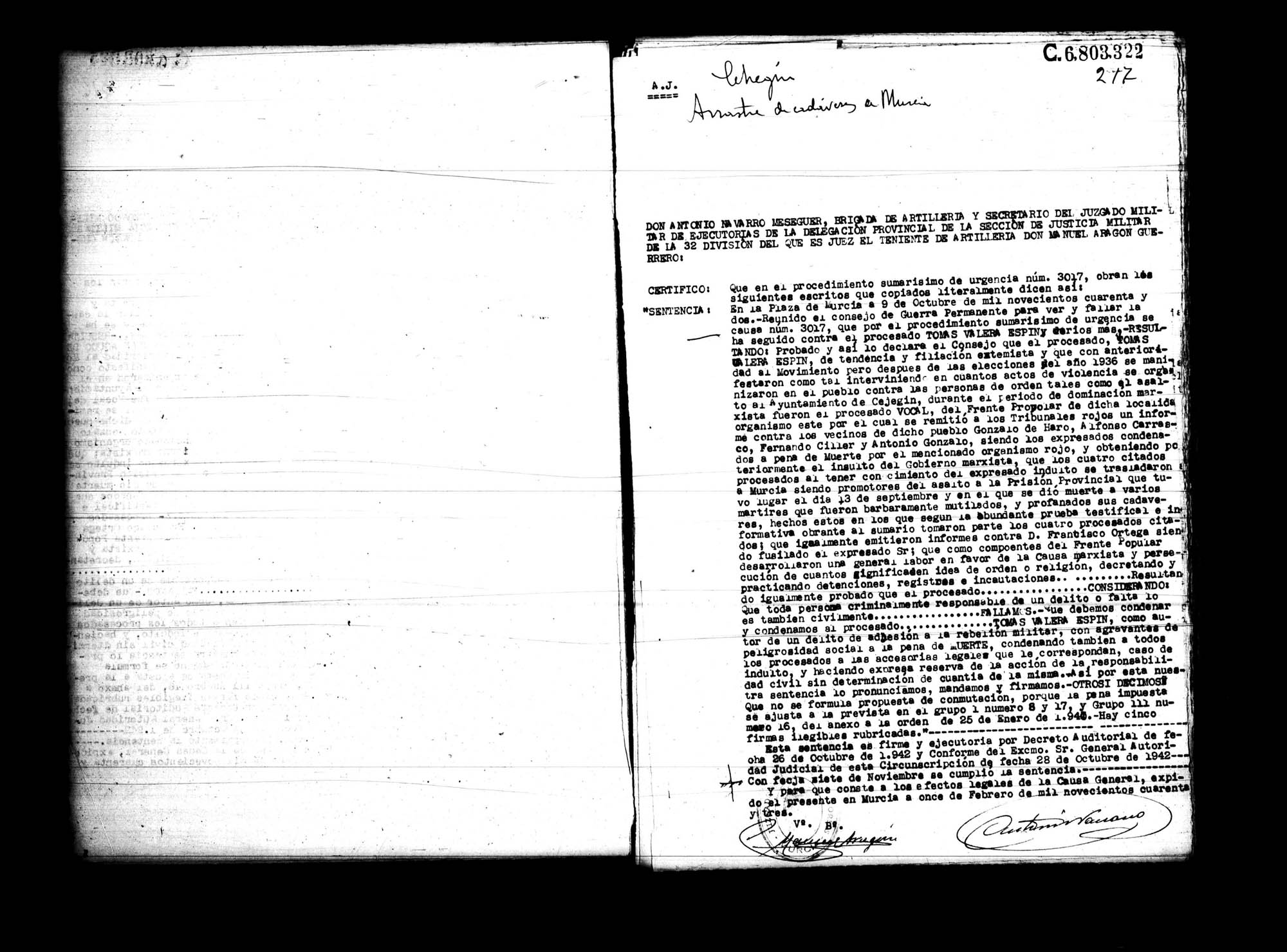 Certificado de la sentencia pronunciada contra Tomás Valera Espín, causa 3017, el 9 de octubre de 1942 en Murcia.