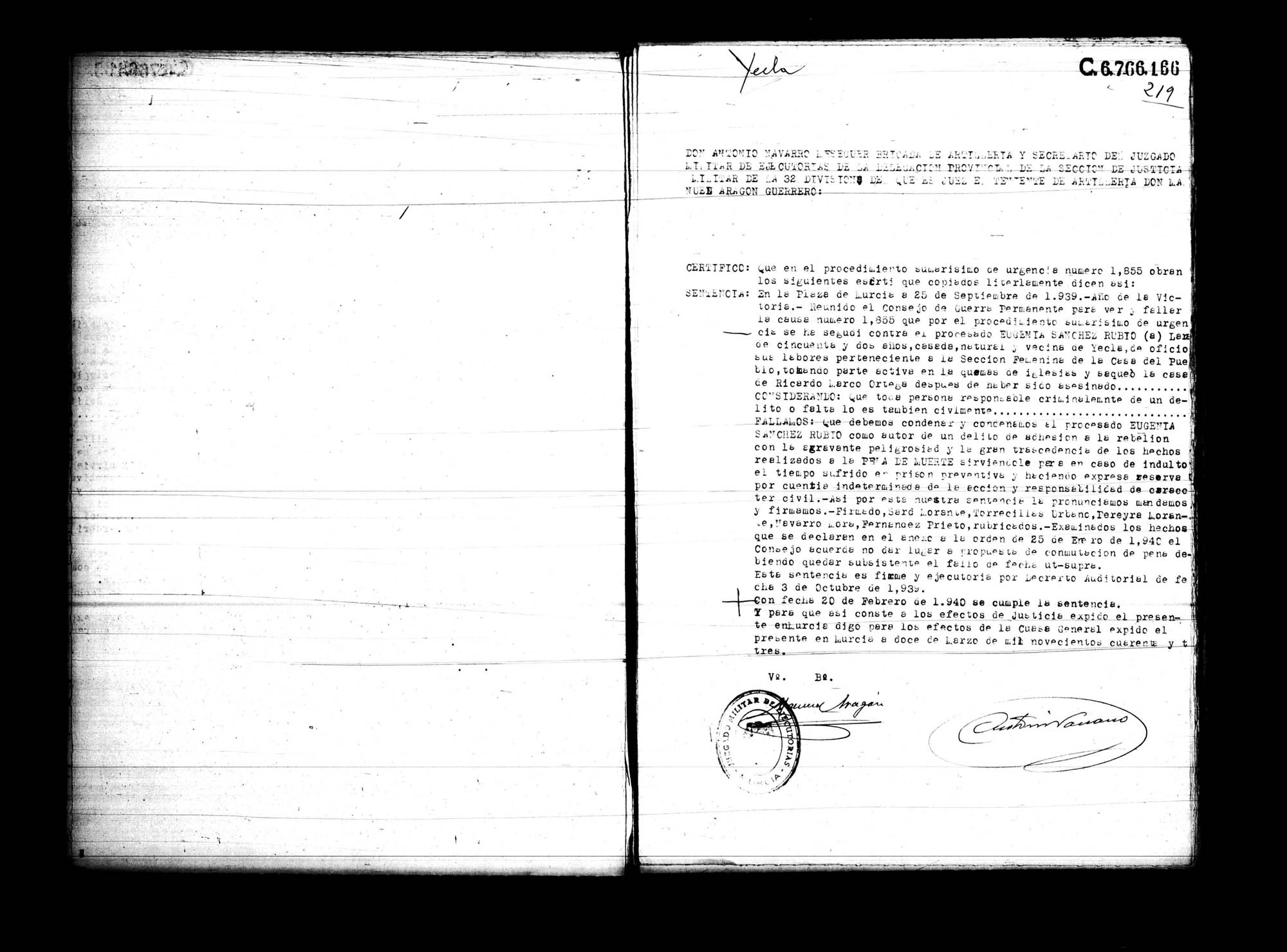 Certificado de la sentencia pronunciada contra Eugenia Sánchez Rubio, causa 1855, el 25 de septiembre de 1939 en Murcia.