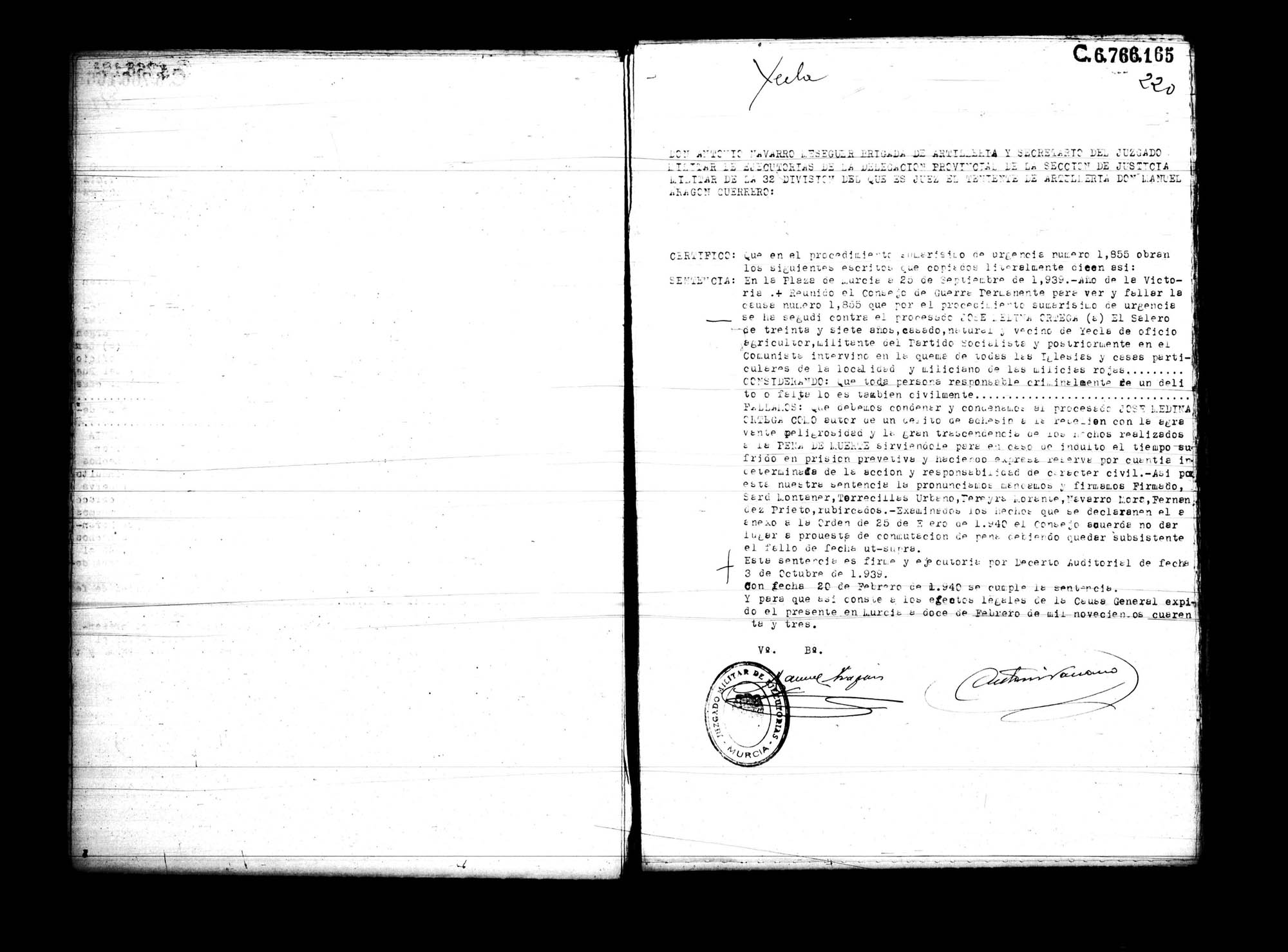 Certificado de la sentencia pronunciada contra José Medina Ortega, causa 1855, el 25 de septiembre de 1939 en Murcia.